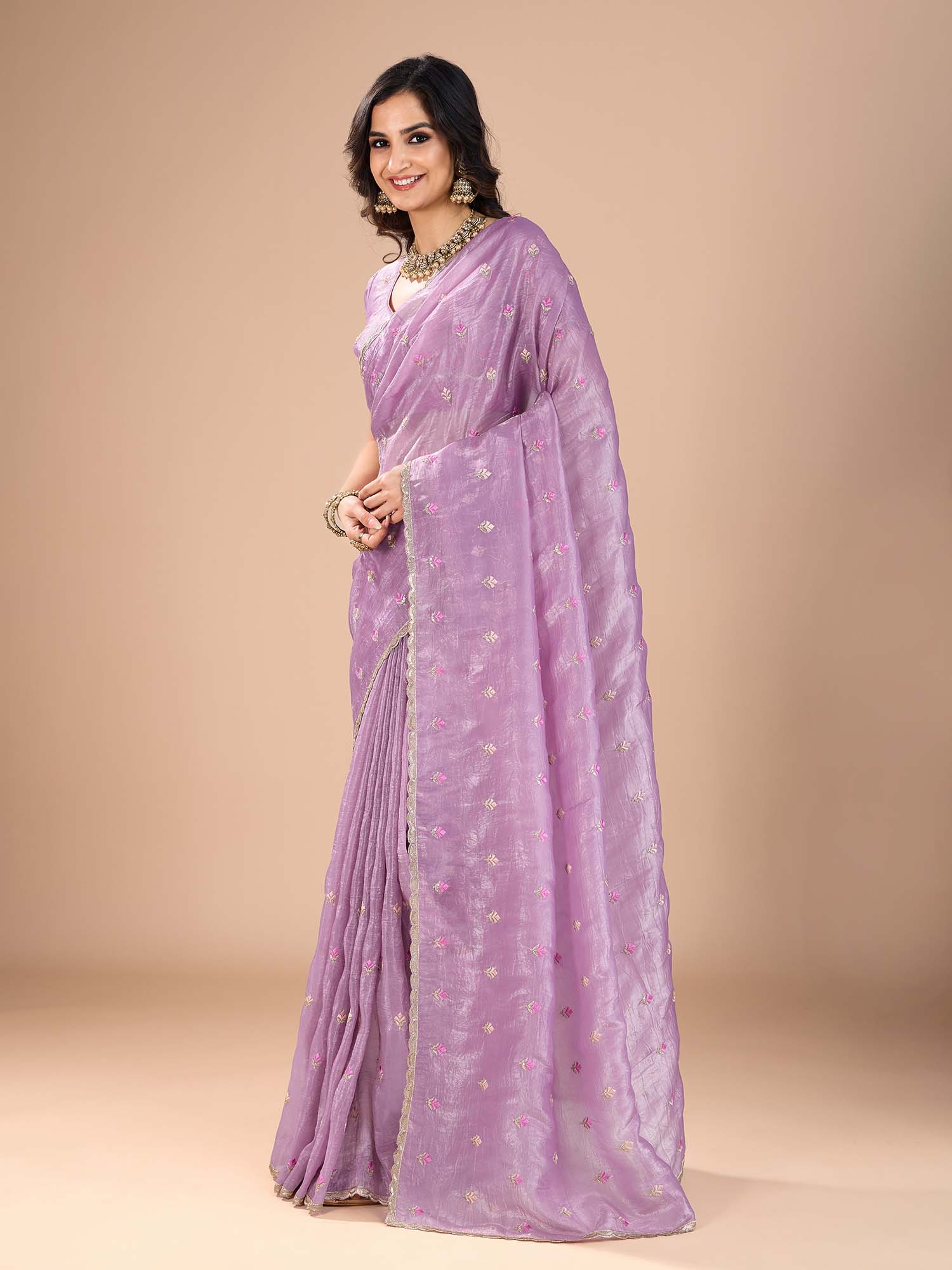 Lavender Organza Embroidered Saree with Stitched Blouse - Ressa