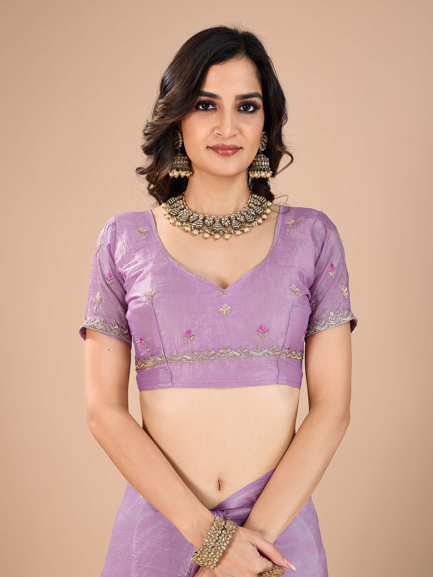 Lavender Organza Embroidered Saree with Stitched Blouse - Ressa