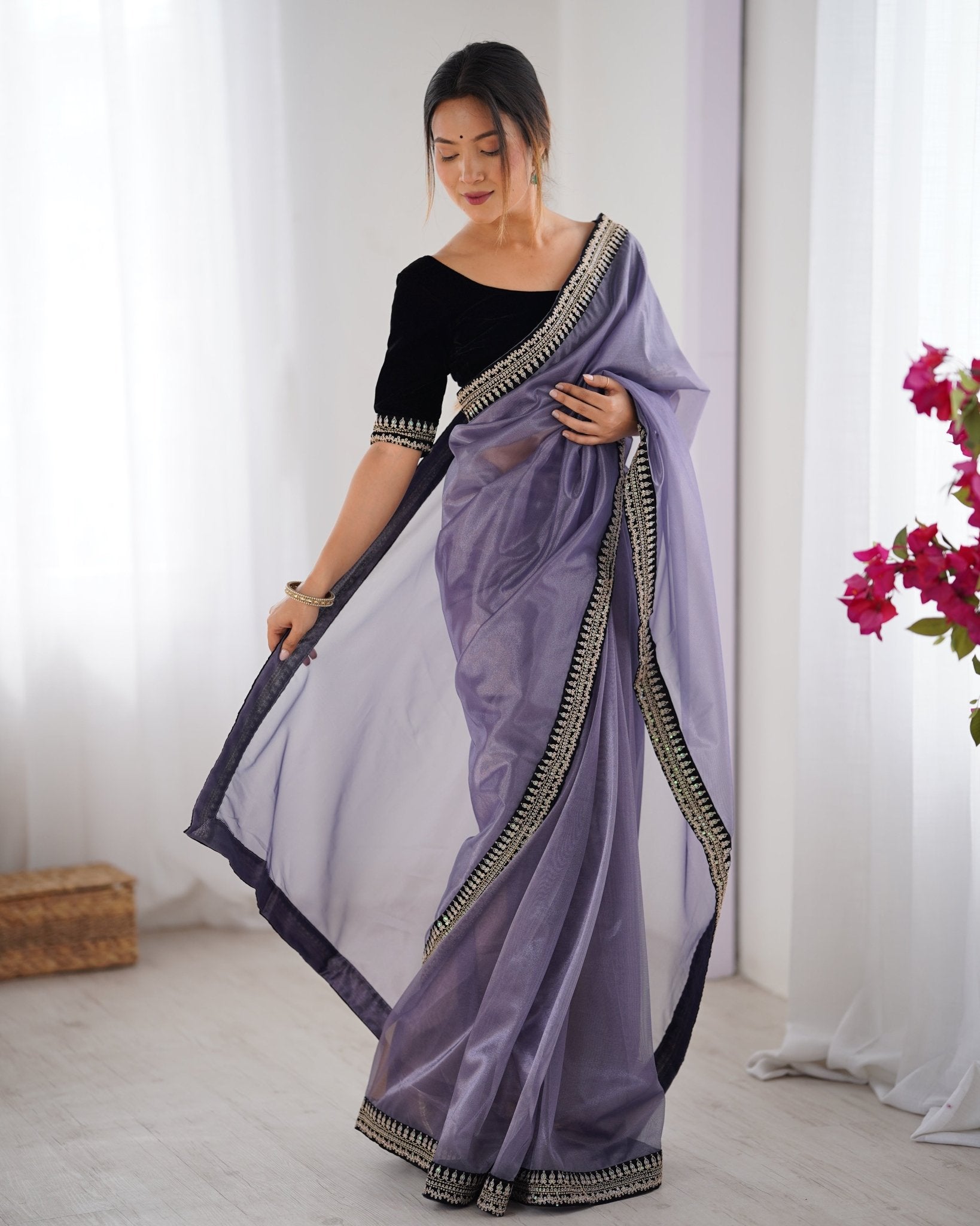 Lavender Organza Saree with Embroidered Border & Blouse - Ressa
