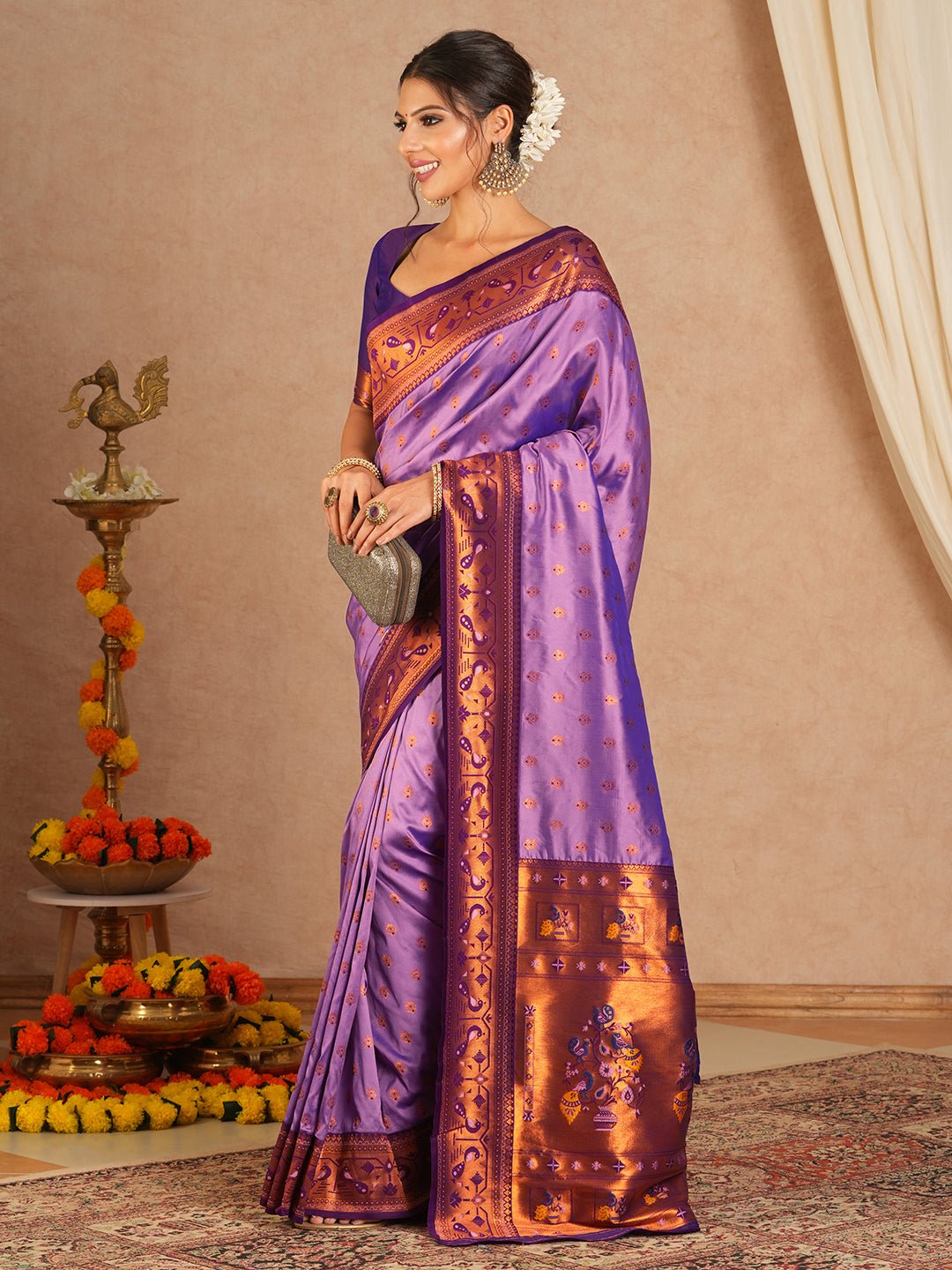 Lavender Paithani Silk Saree with Zari Border - Ressa