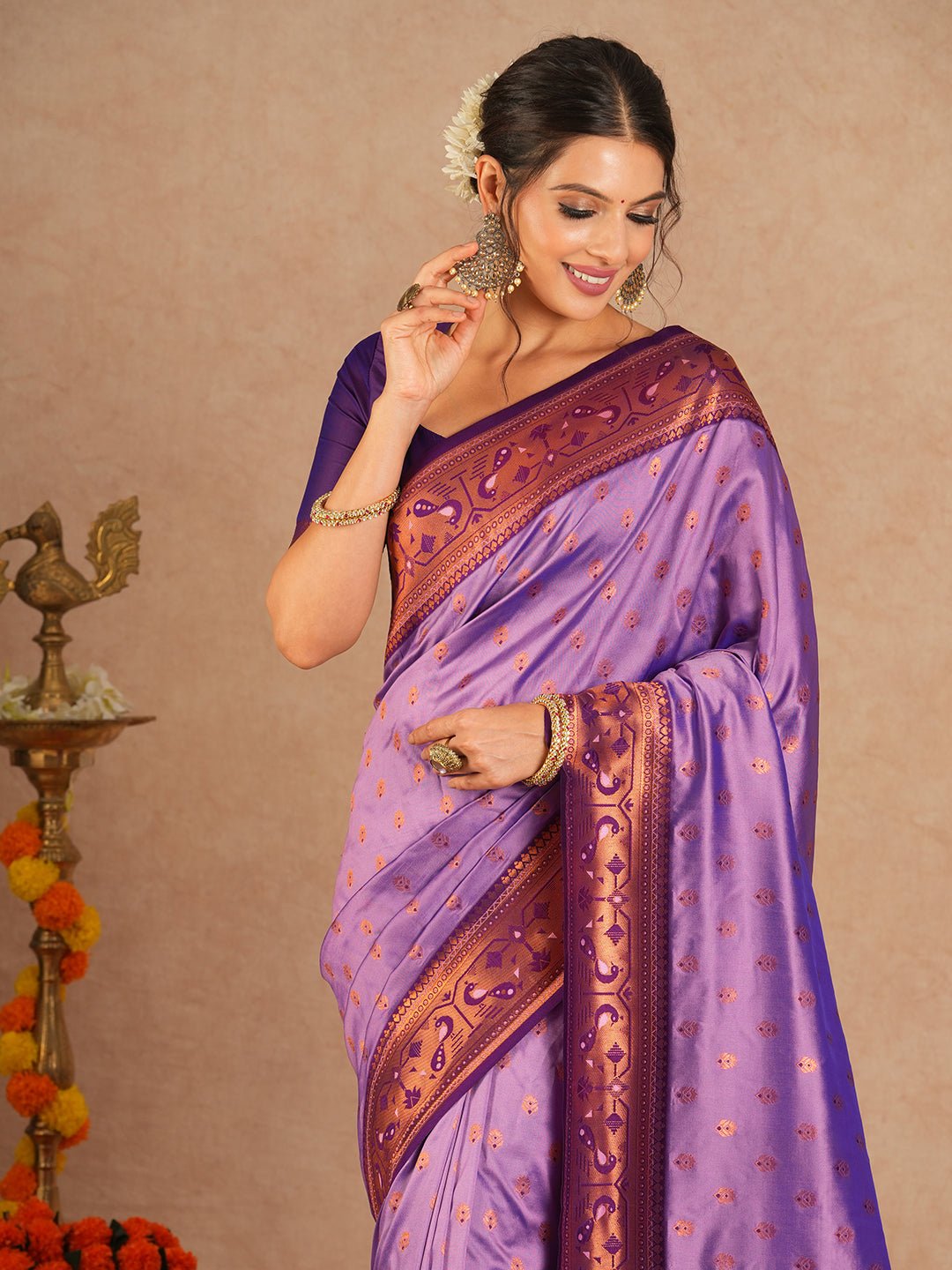 Lavender Paithani Silk Saree with Zari Border - Ressa