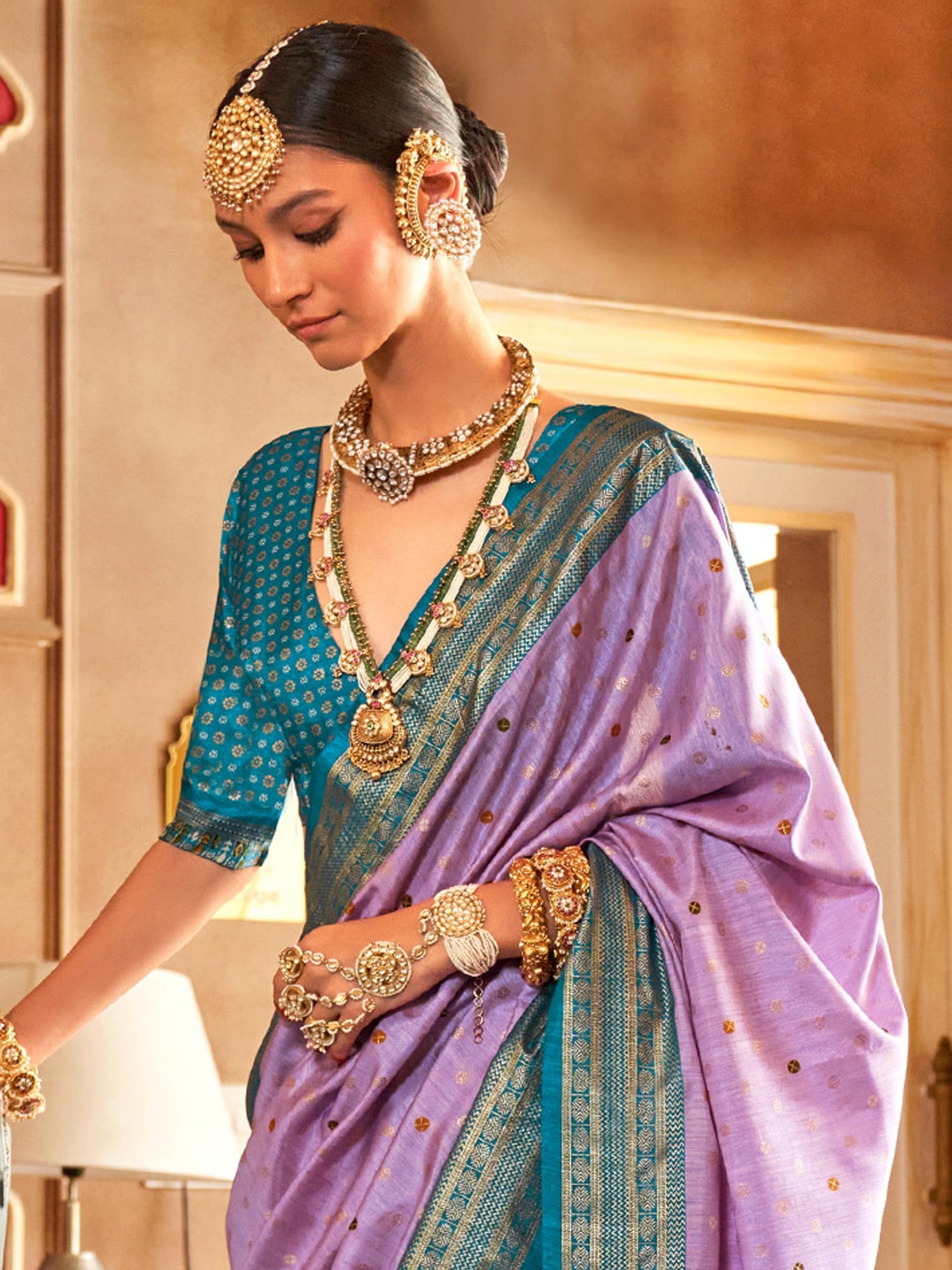 Lavender Patola Silk Teal Blue Zari Printed Border Saree - Ressa