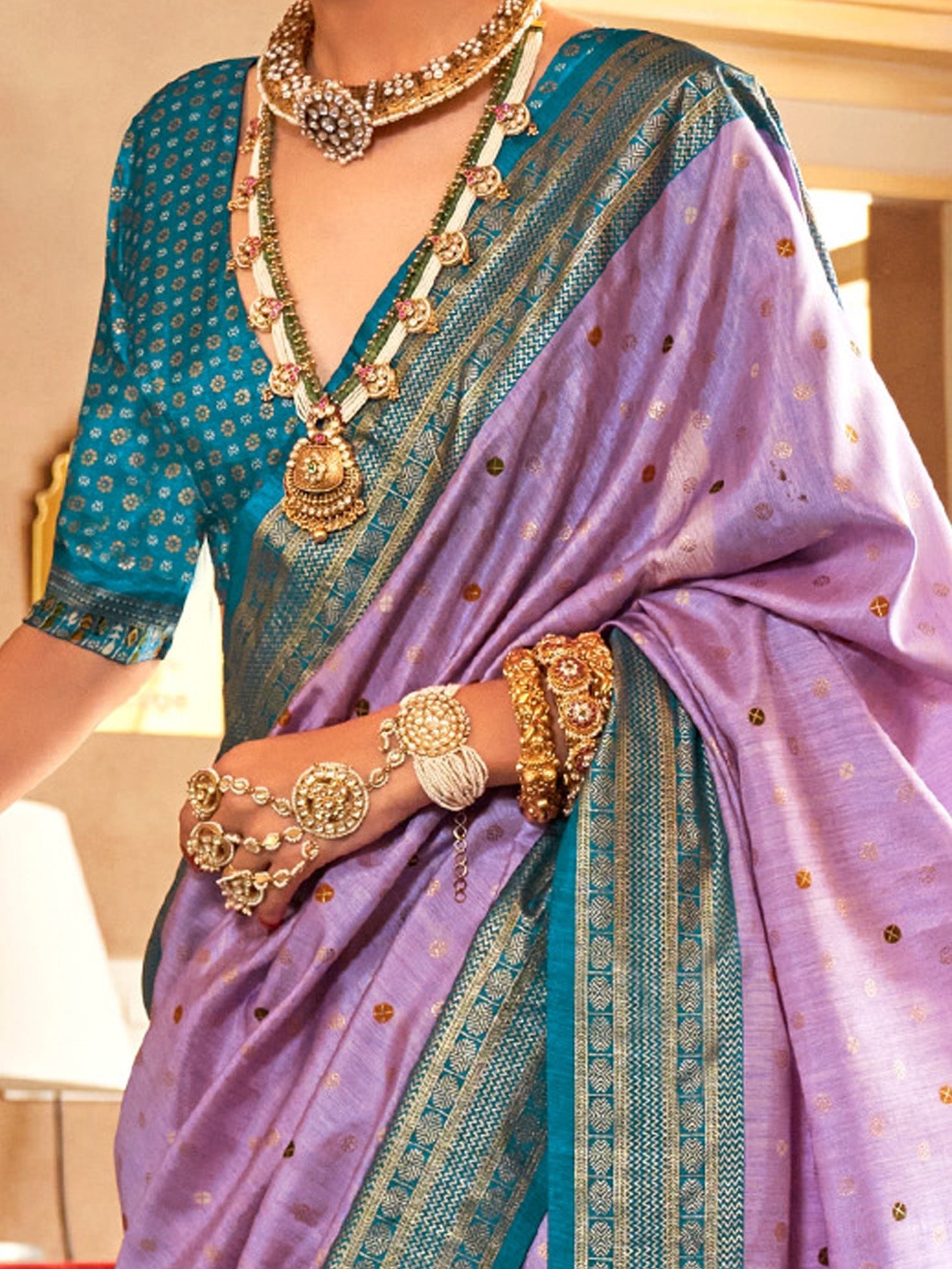 Lavender Patola Silk Teal Blue Zari Printed Border Saree - Ressa