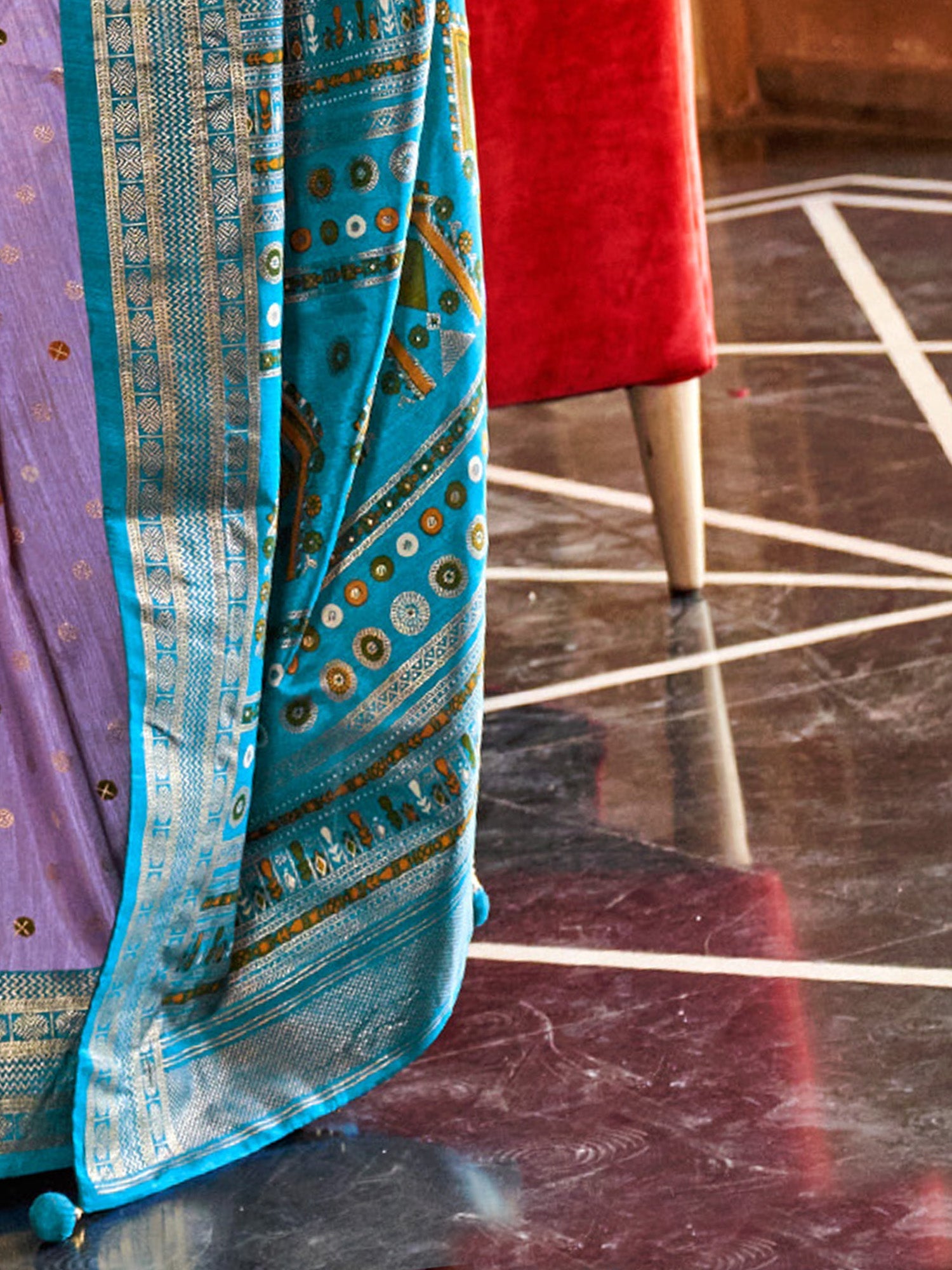 Lavender Patola Silk Teal Blue Zari Printed Border Saree - Ressa