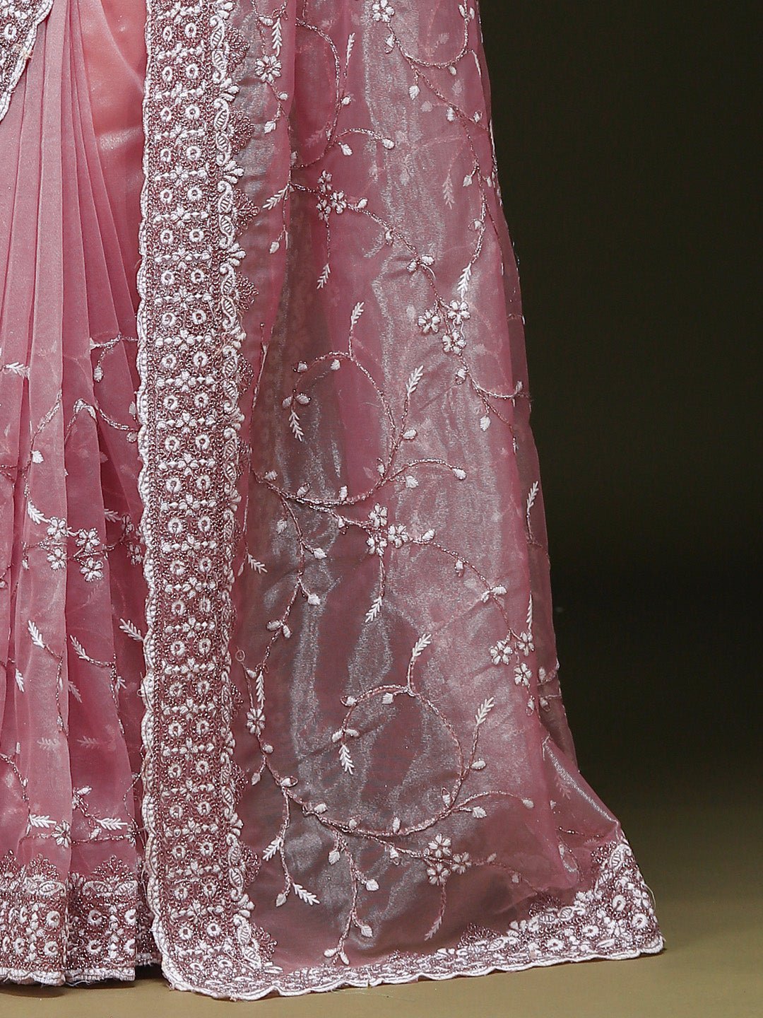 Lavender Pink Organza Sequin &amp; Cut-dana Work Scalloped Border Blouse Saree - Ressa