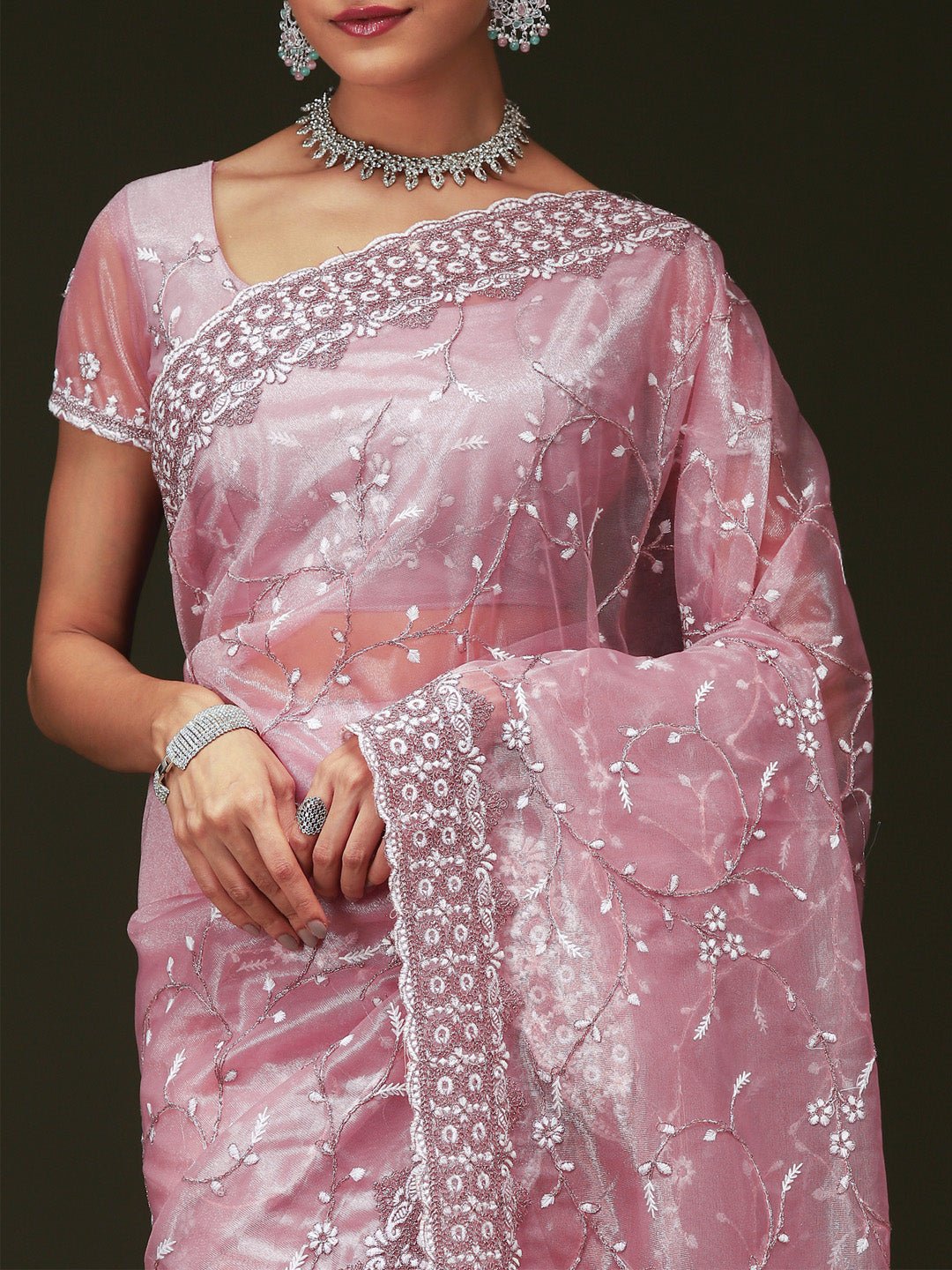 Lavender Pink Organza Sequin &amp; Cut-dana Work Scalloped Border Blouse Saree - Ressa