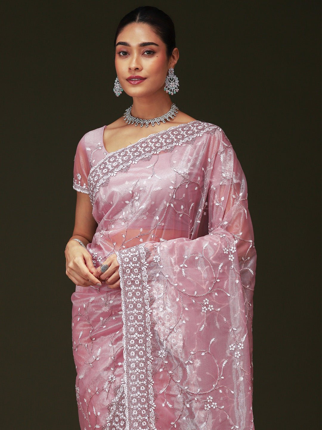 Lavender Pink Organza Sequin &amp; Cut-dana Work Scalloped Border Blouse Saree - Ressa
