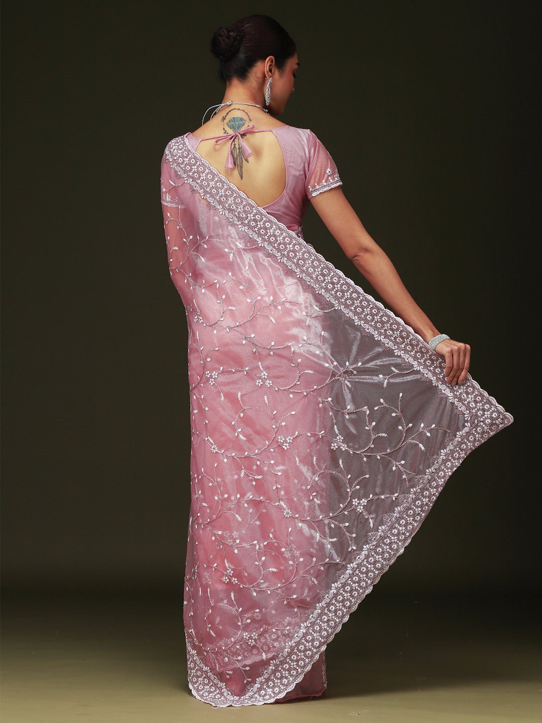 Lavender Pink Organza Sequin &amp; Cut-dana Work Scalloped Border Blouse Saree - Ressa