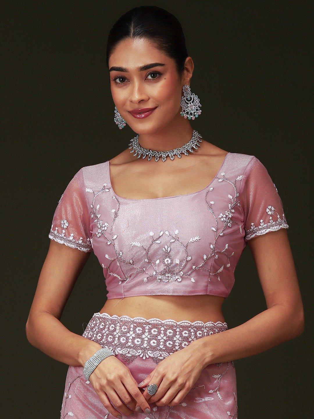 Lavender Pink Organza Sequin &amp; Cut-dana Work Scalloped Border Blouse Saree - Ressa