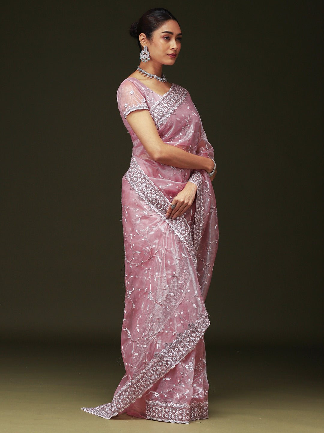 Lavender Pink Organza Sequin &amp; Cut-dana Work Scalloped Border Blouse Saree - Ressa