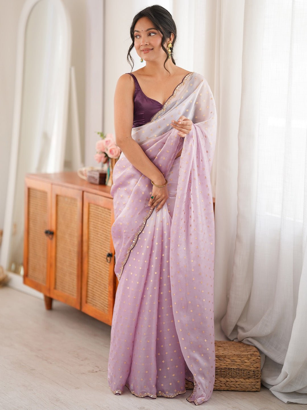 Lavender Satin Emblished Party Wear Saree - Ressa