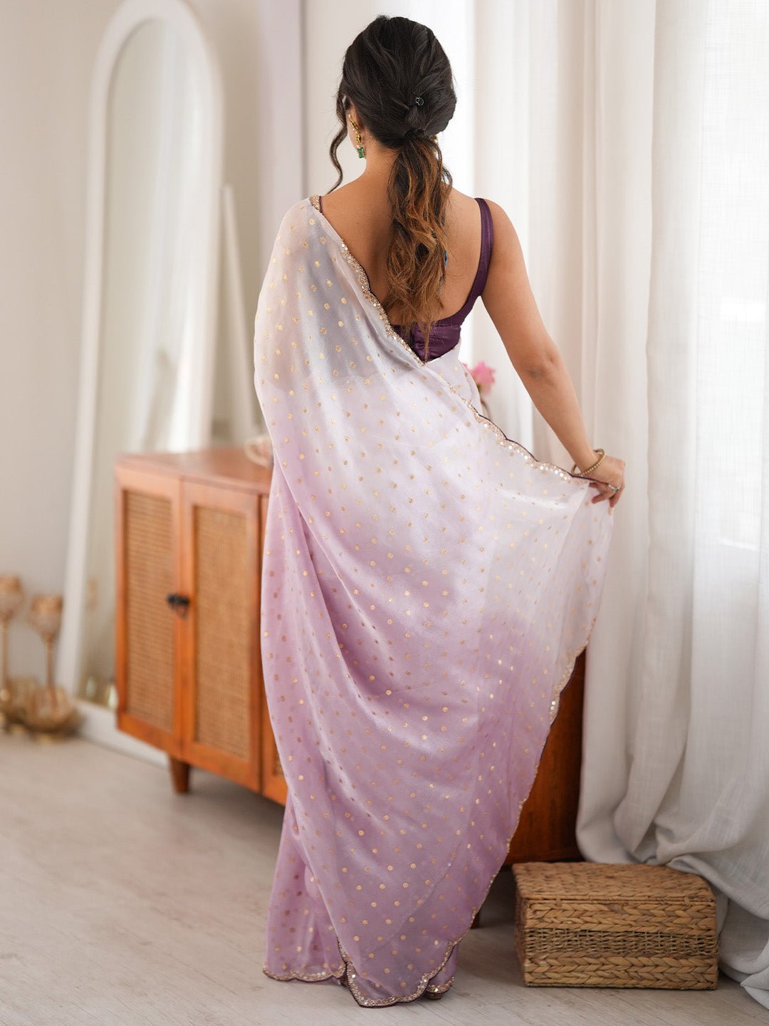 Lavender Satin Emblished Party Wear Saree - Ressa