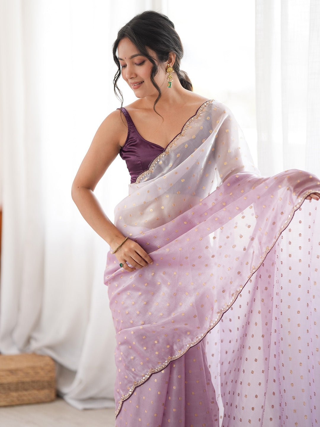Lavender Satin Emblished Party Wear Saree - Ressa