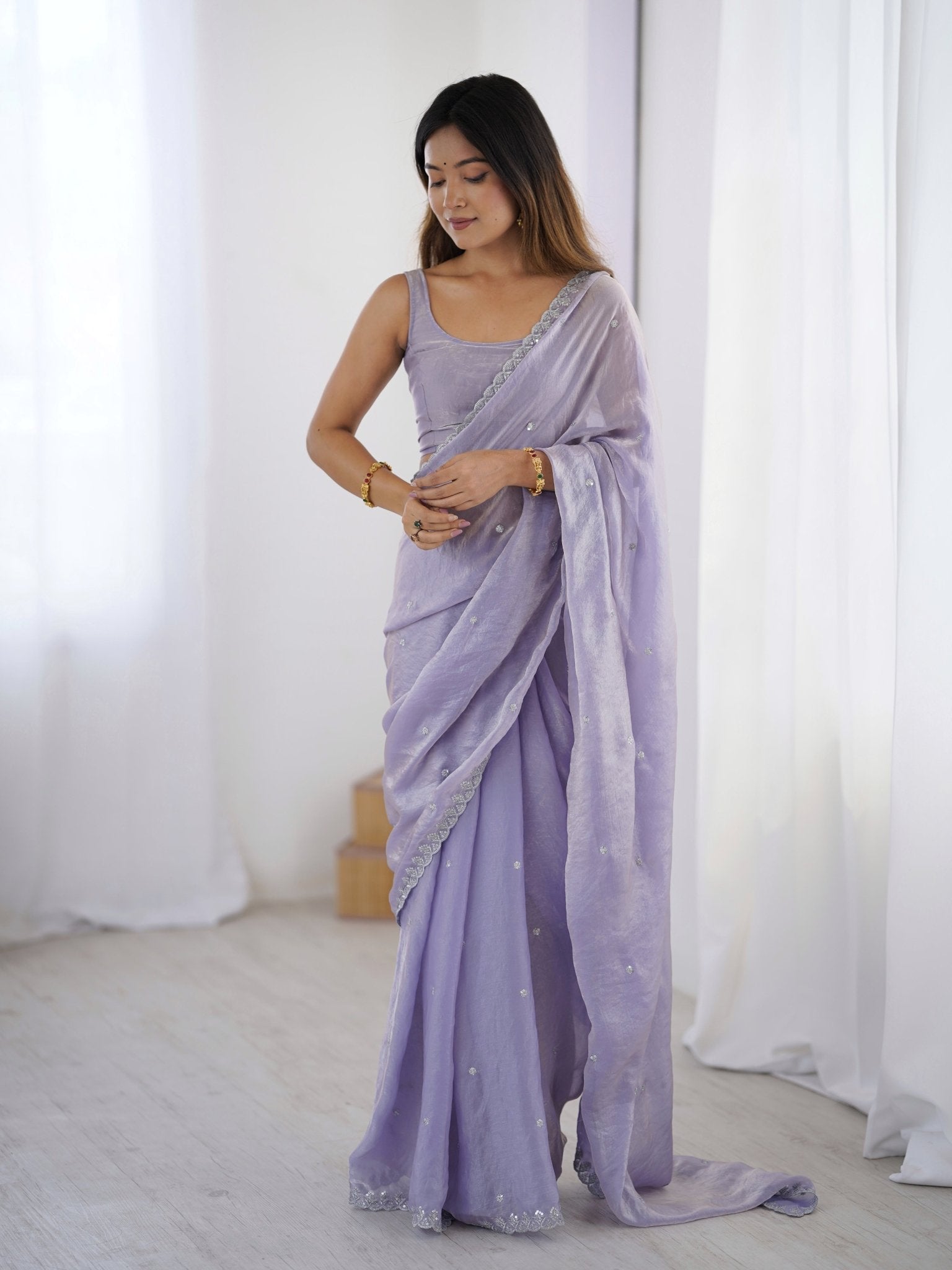 Lavender Sequin Butti Paper Silk Saree - Ressa