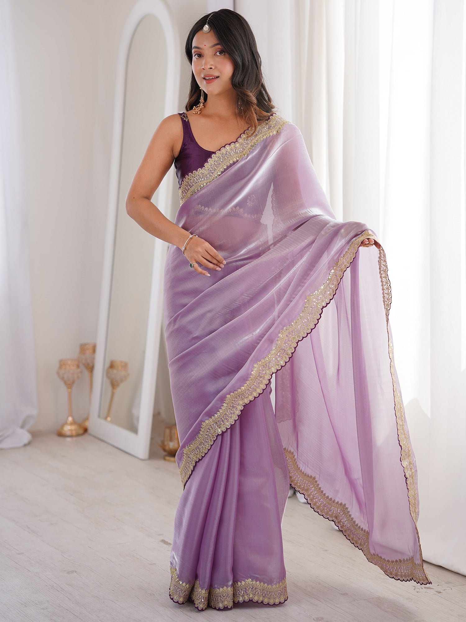 Lavender Shimmer Organza Saree with Mirror-Work Border - Ressa