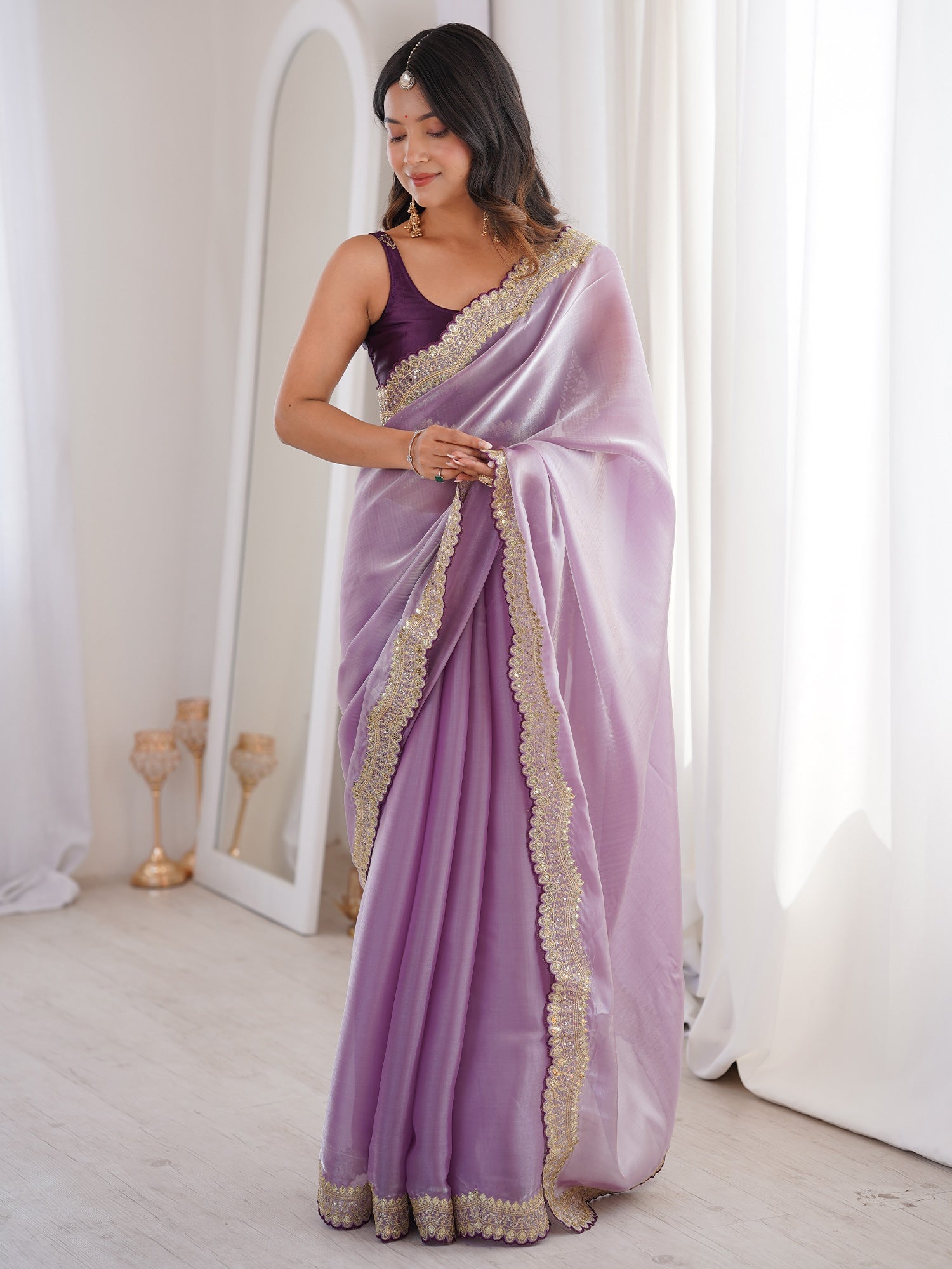 Lavender Shimmer Organza Saree with Mirror-Work Border - Ressa