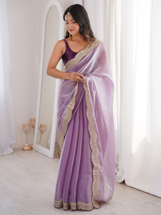 Lavender Shimmer Organza Saree with Mirror-Work Border - Ressa