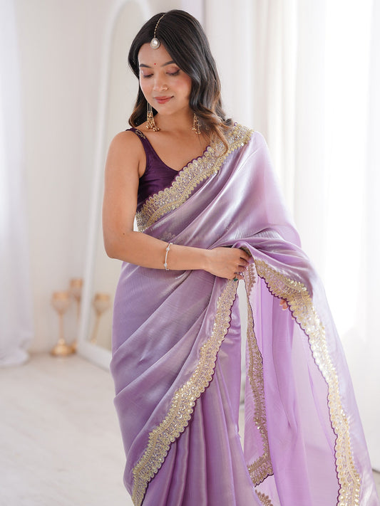 Lavender Shimmer Organza Saree with Mirror-Work Border - Ressa
