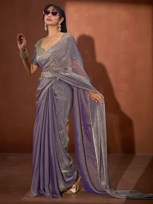 Lavender Shimmer Tissue Saree with Embroidered Blouse - Ressa