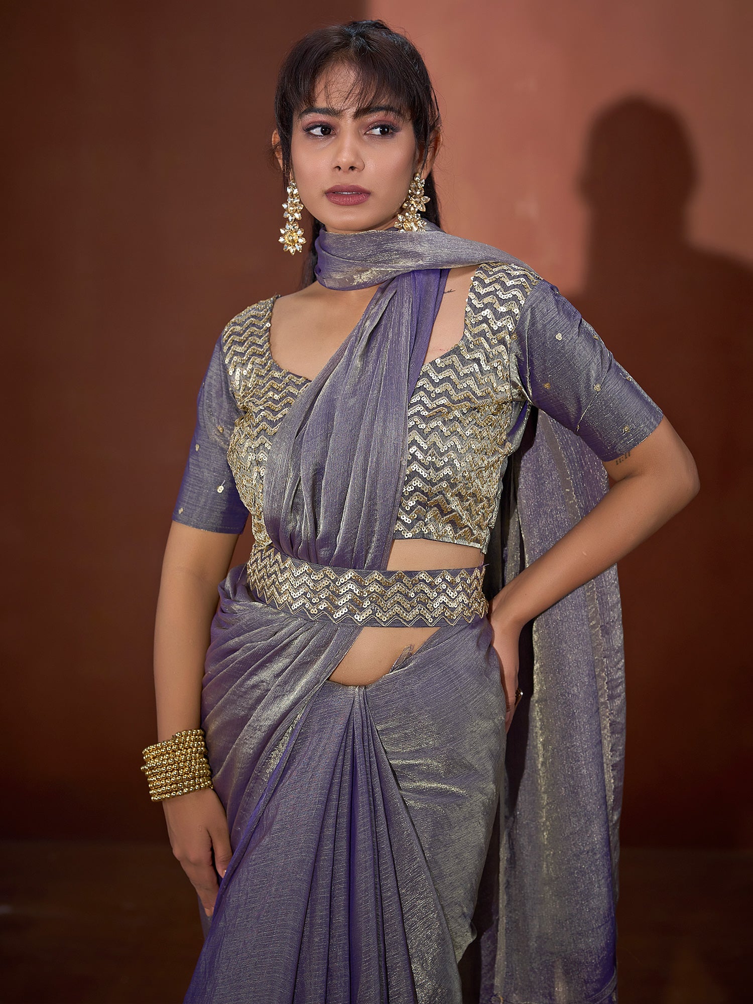 Lavender Shimmer Tissue Saree with Embroidered Blouse - Ressa