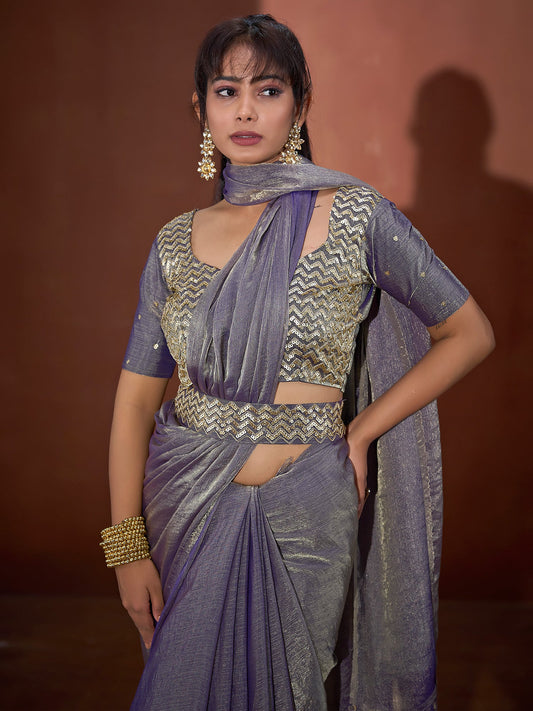 Lavender Shimmer Tissue Saree with Embroidered Blouse - Ressa