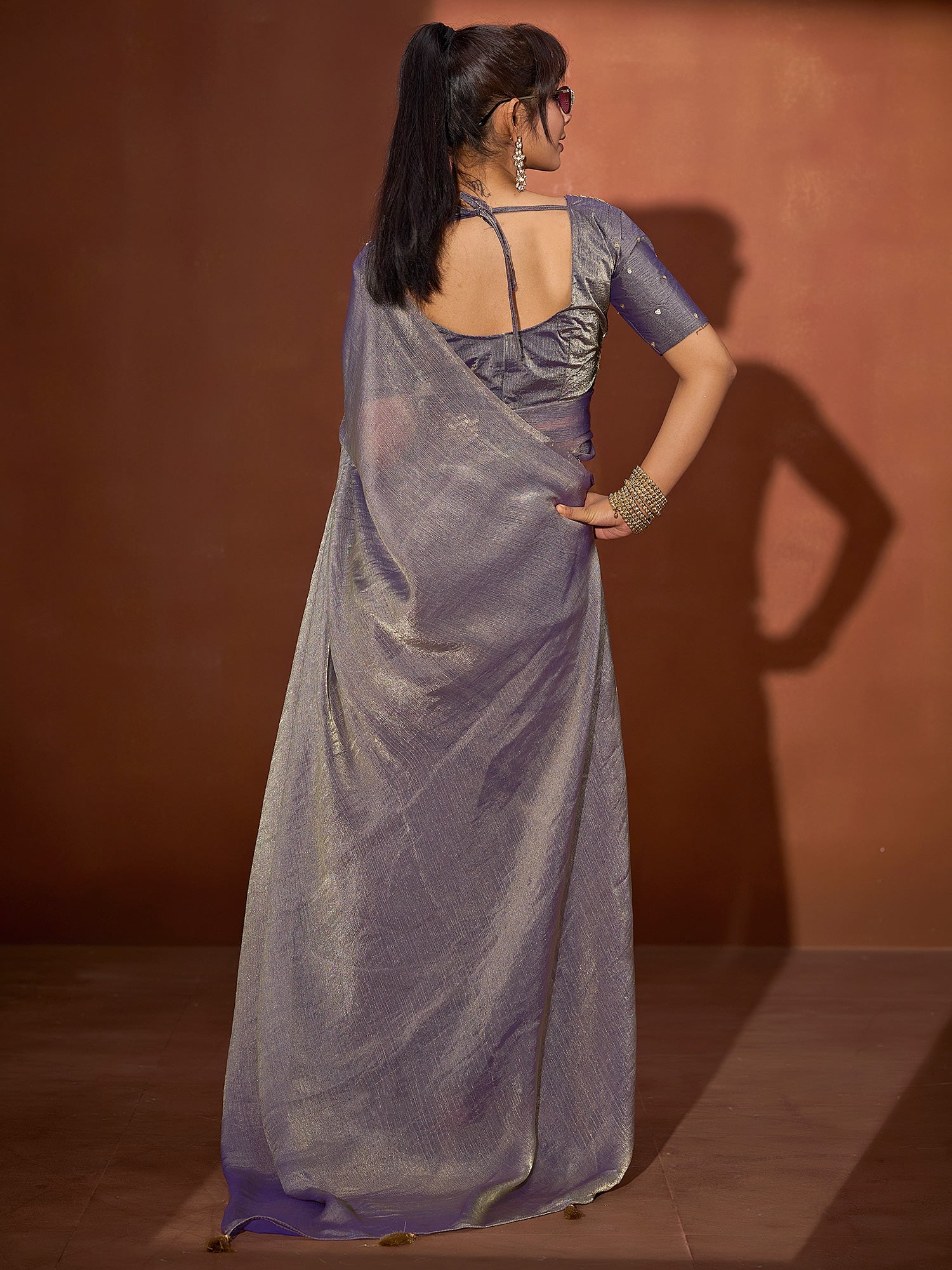 Lavender Shimmer Tissue Saree with Embroidered Blouse - Ressa
