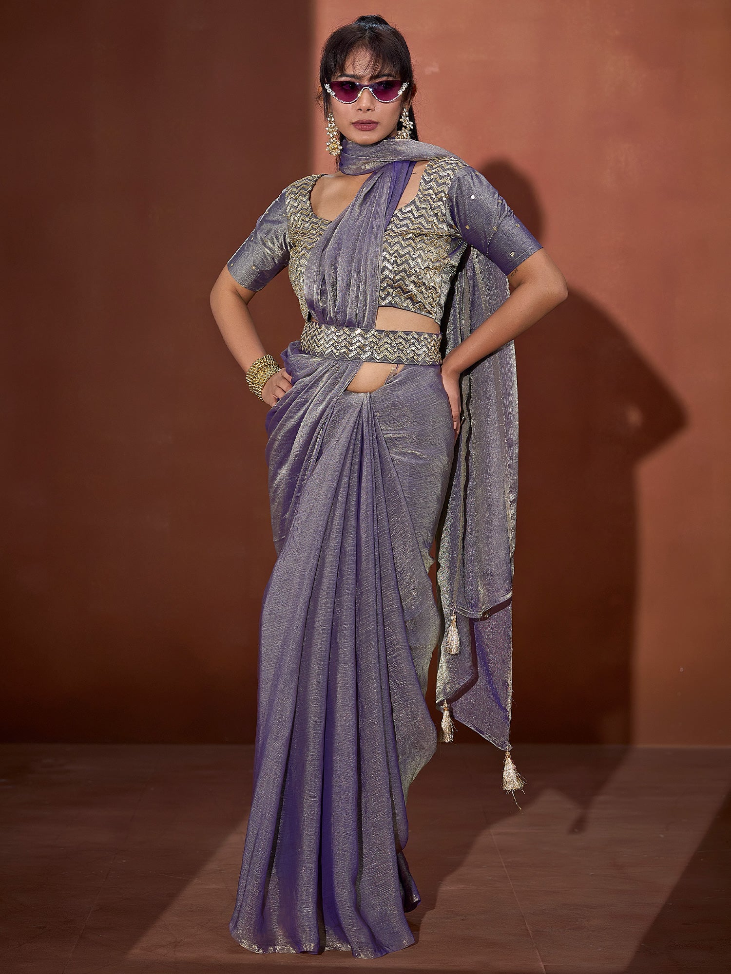 Lavender Shimmer Tissue Saree with Embroidered Blouse - Ressa
