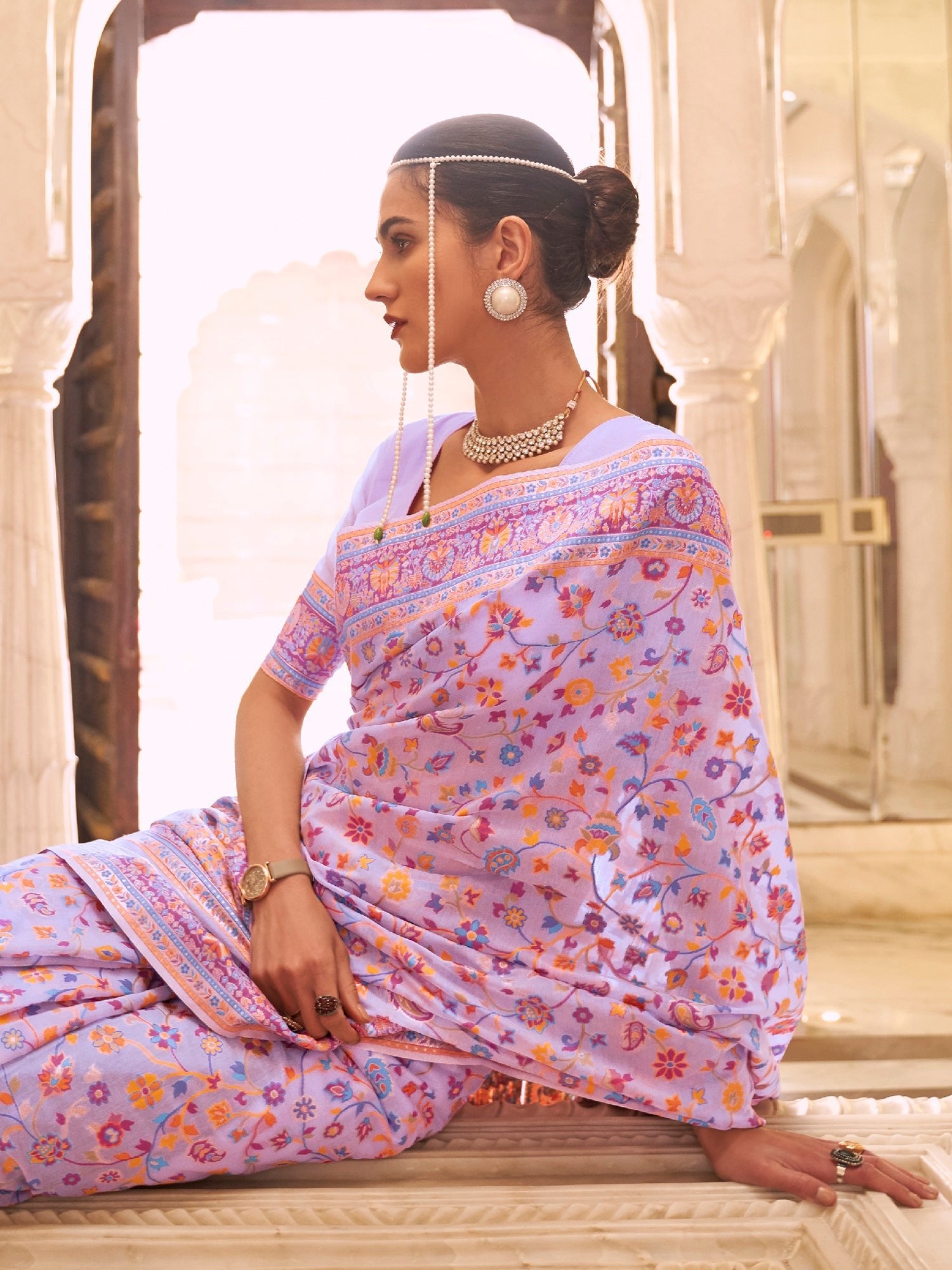Lavender Silk Blend Heritage Floral Weave Saree - Ressa