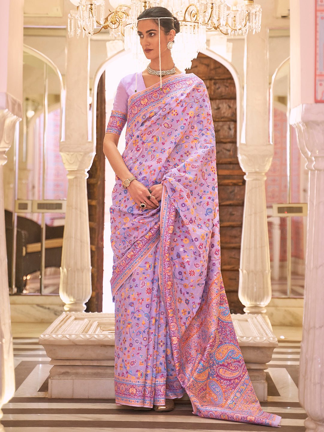 Lavender Silk Blend Heritage Floral Weave Saree - Ressa