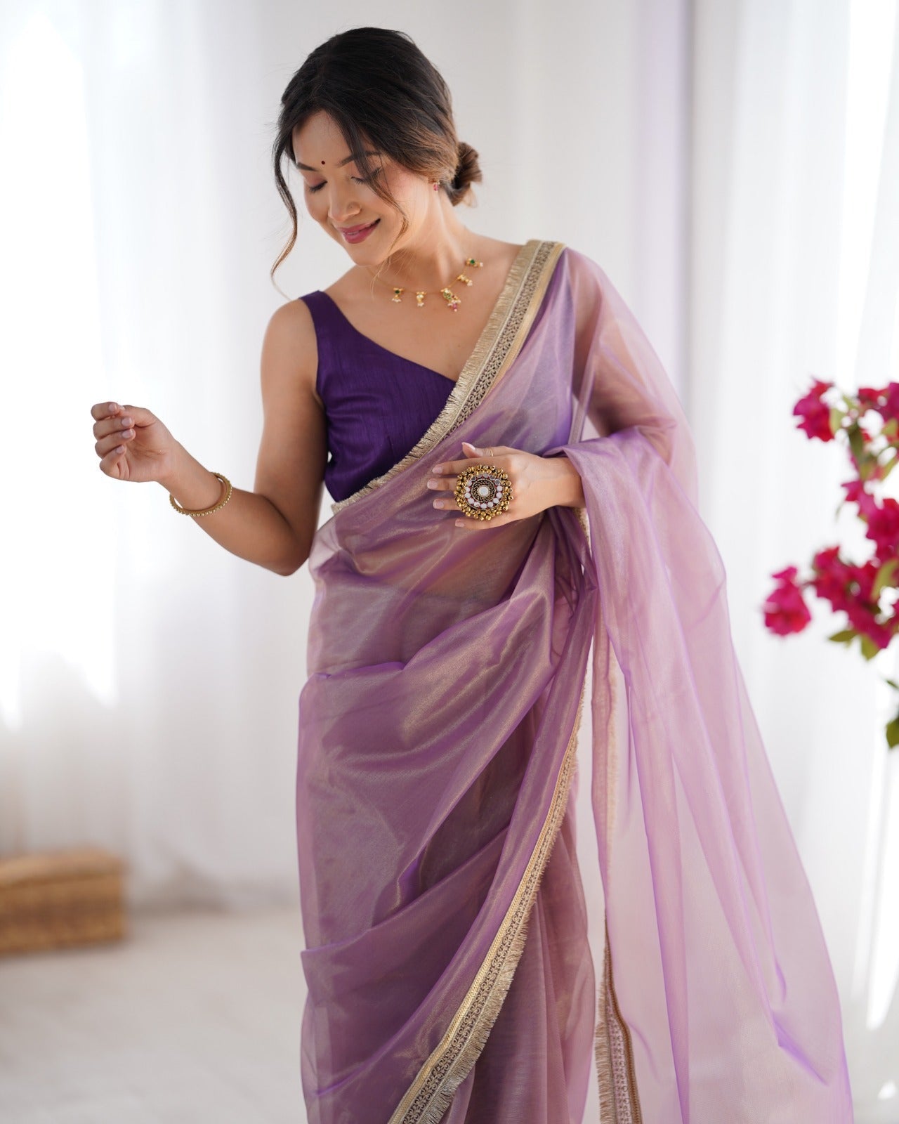 Lavender Solid Net Saree with Scalloped Border - Ressa