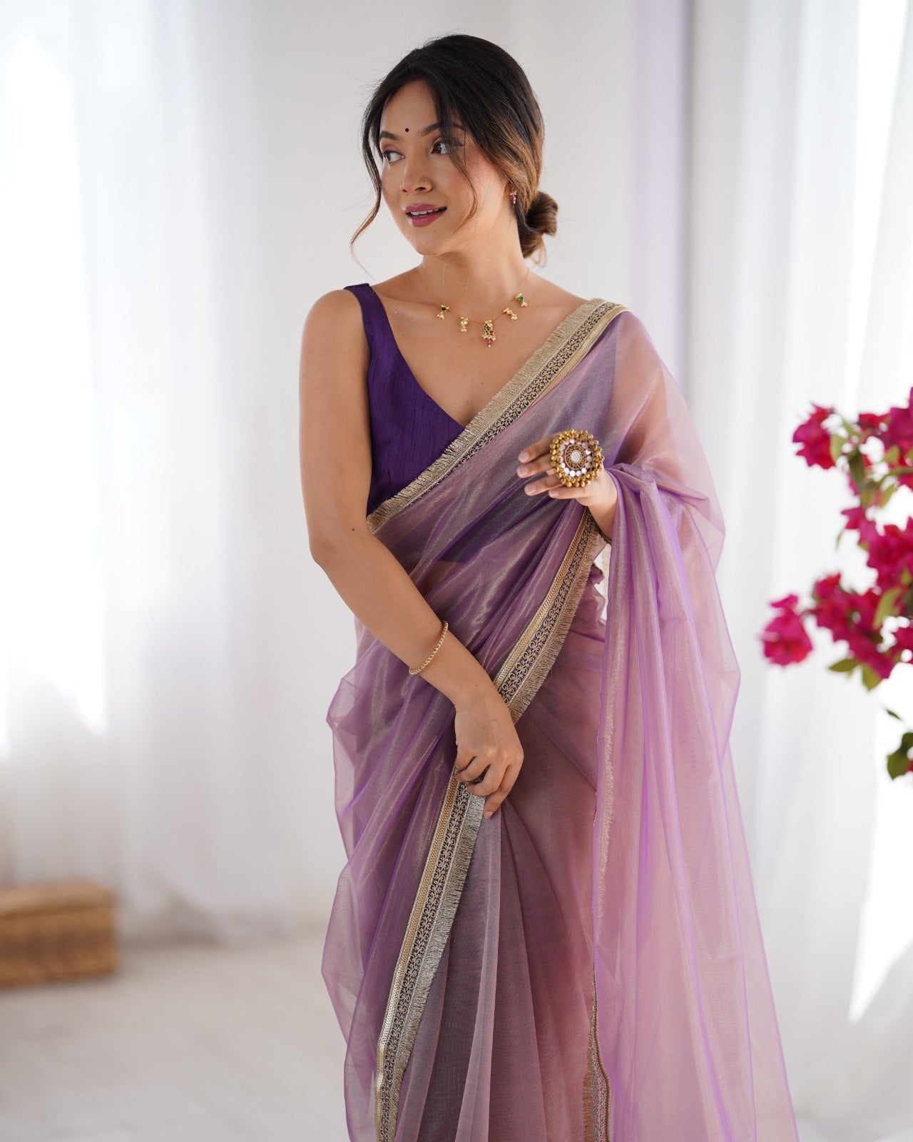 Lavender Solid Net Saree with Scalloped Border - Ressa