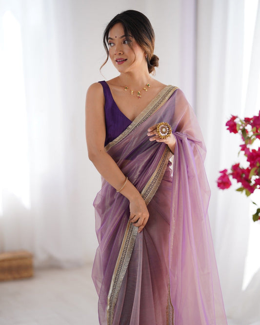 Lavender Solid Net Saree with Scalloped Border - Ressa