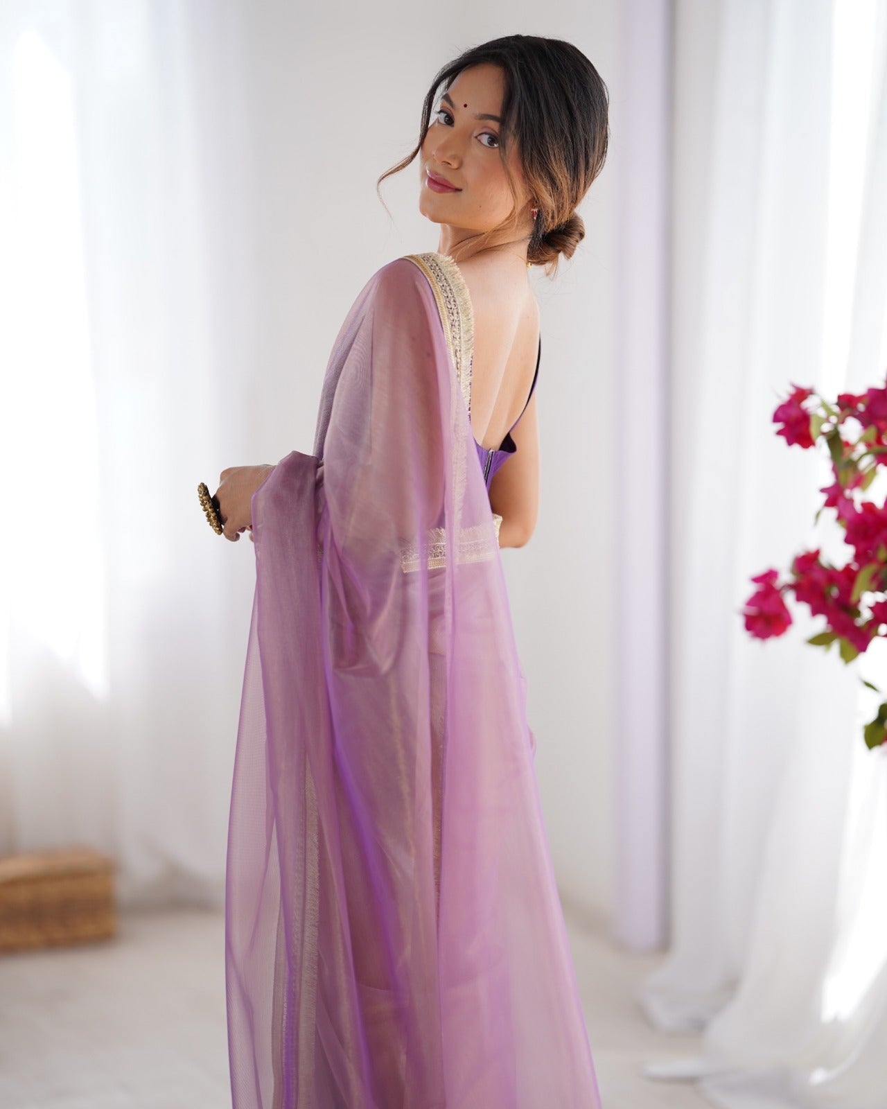 Lavender Solid Net Saree with Scalloped Border - Ressa