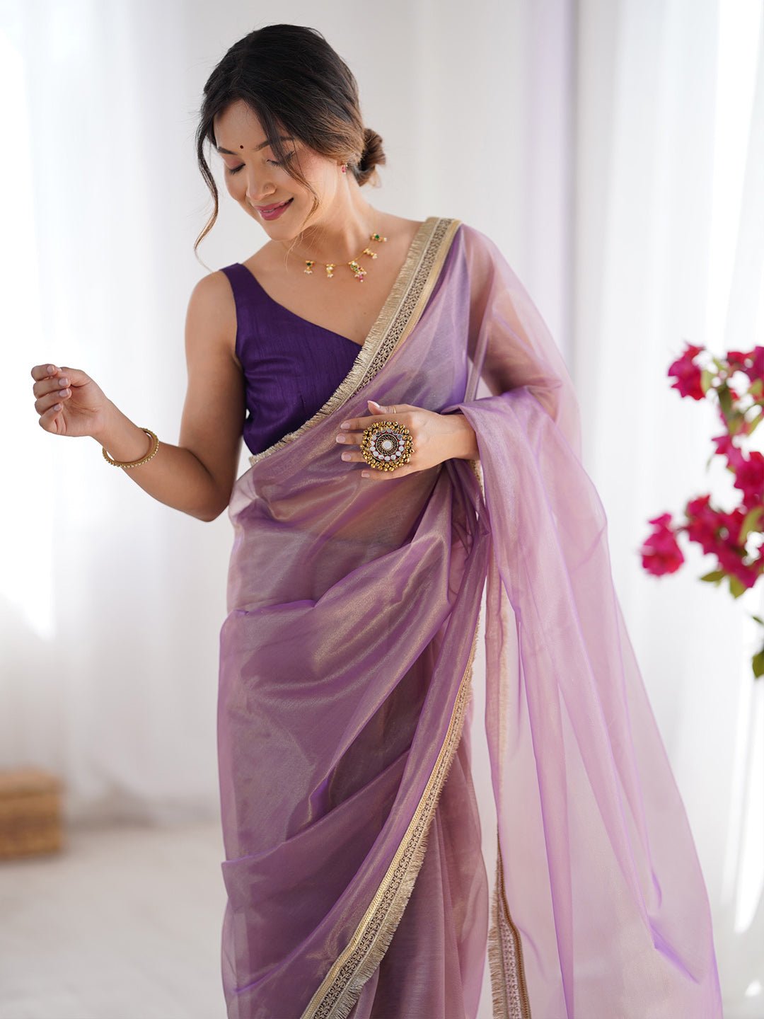 Lavender Solid Net Saree with Scalloped Border - Ressa