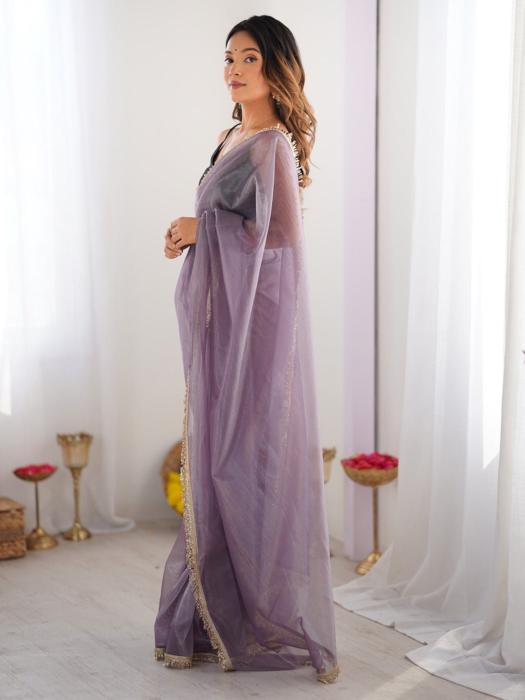 Lavender Solid Organza Saree - Ressa