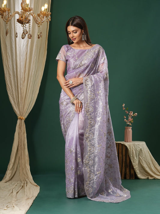 Lavender Super Net Embroidered Saree - Ressa