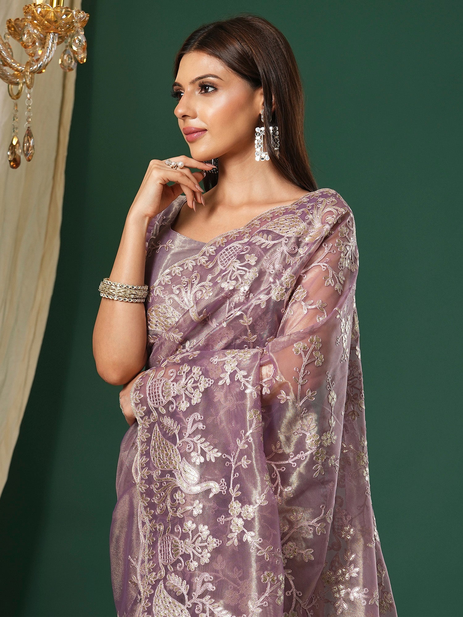 Lavender Supernet Embroidered Saree - Ressa