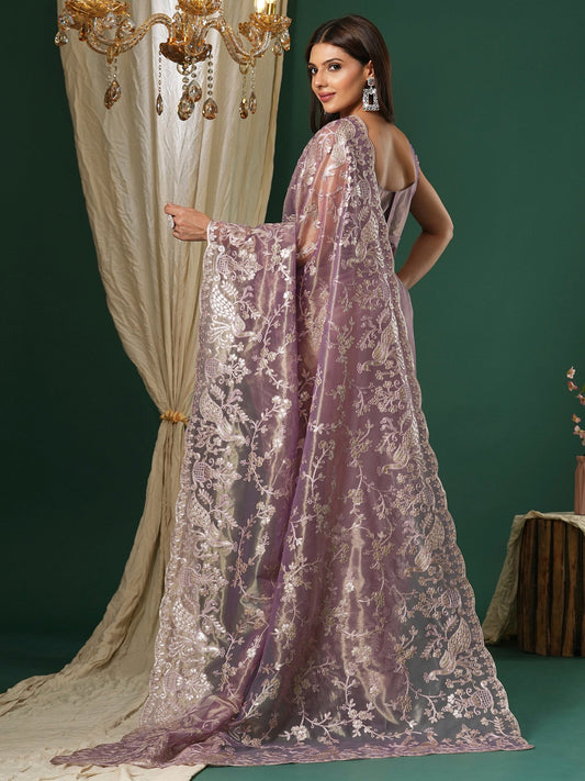 Lavender Supernet Embroidered Saree - Ressa