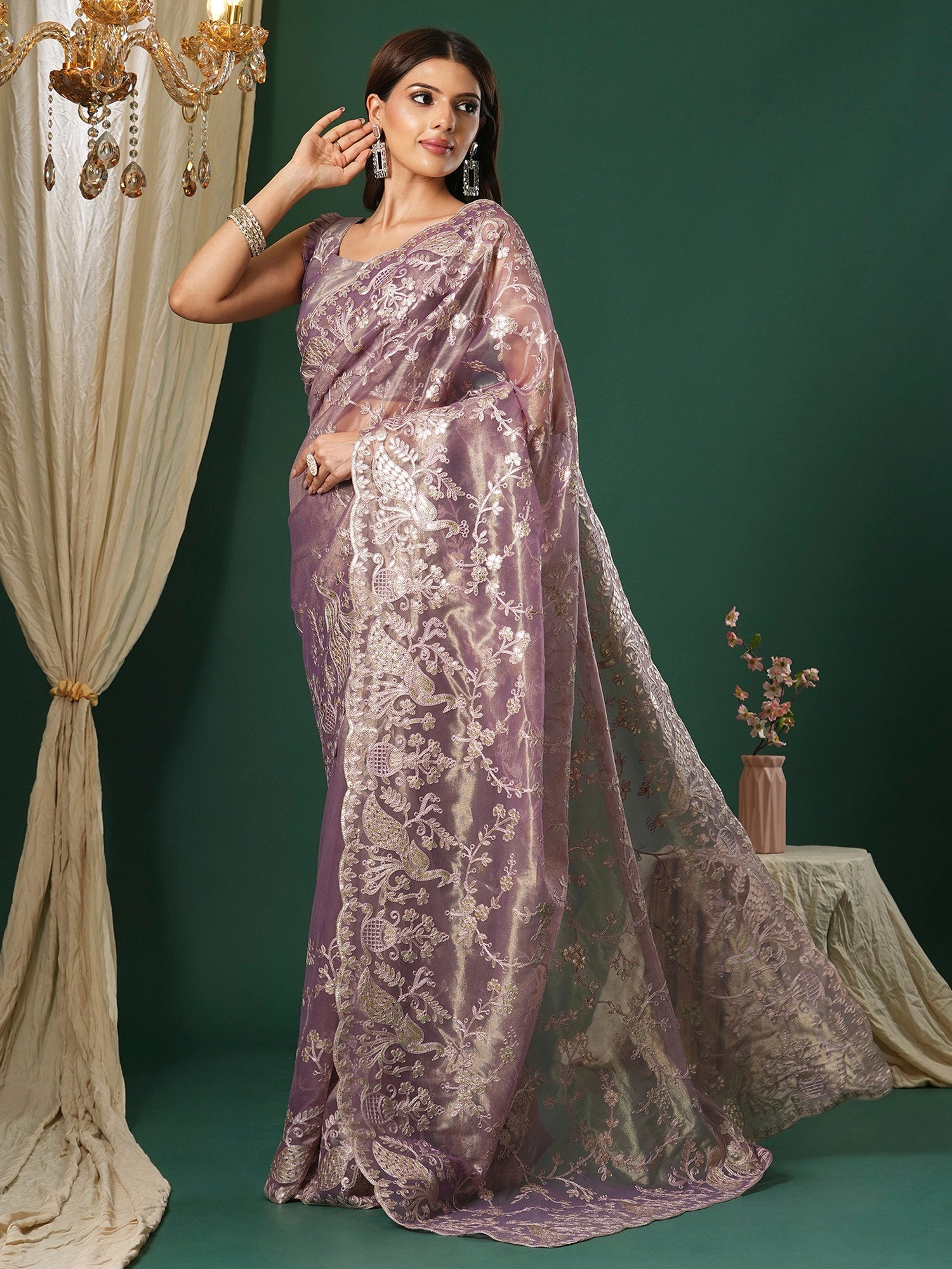 Lavender Supernet Embroidered Saree - Ressa