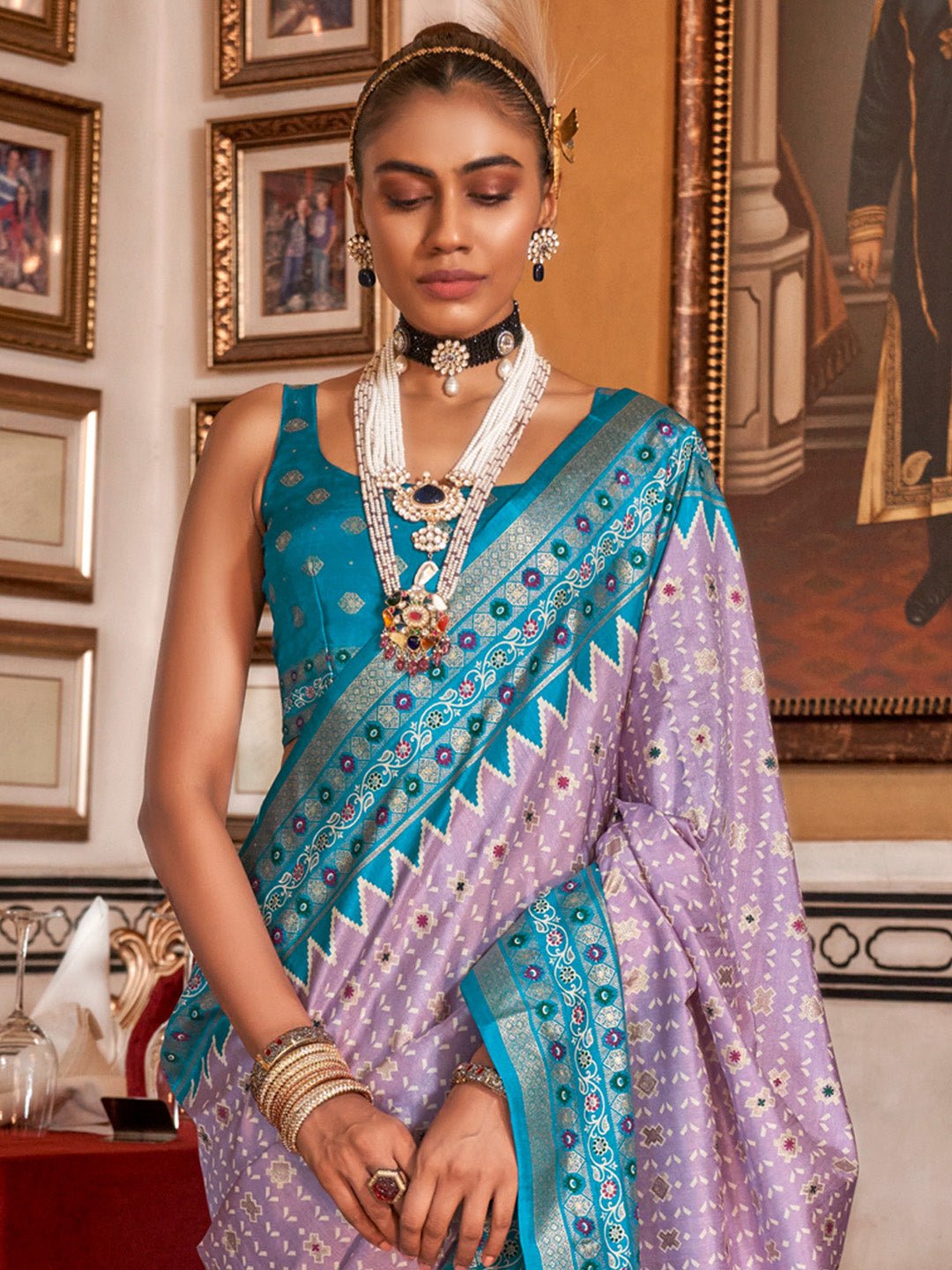 Lavender & Teal Foil Print Blue Saree - Ressa