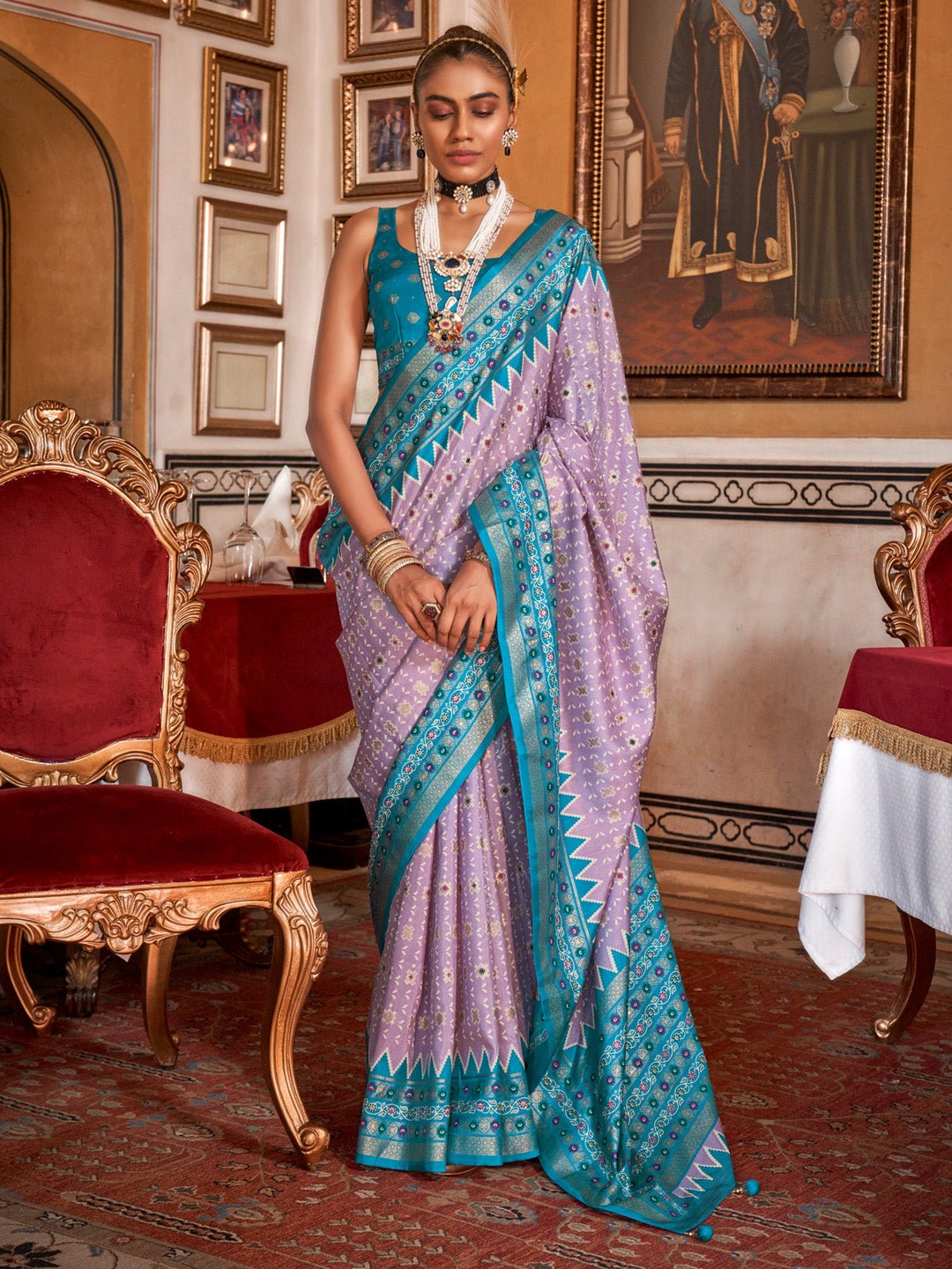 Lavender & Teal Foil Print Blue Saree - Ressa