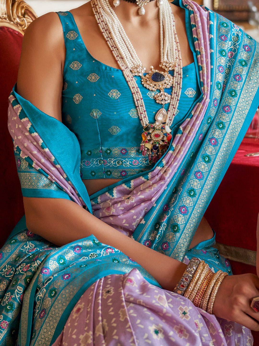 Lavender & Teal Foil Print Blue Saree - Ressa