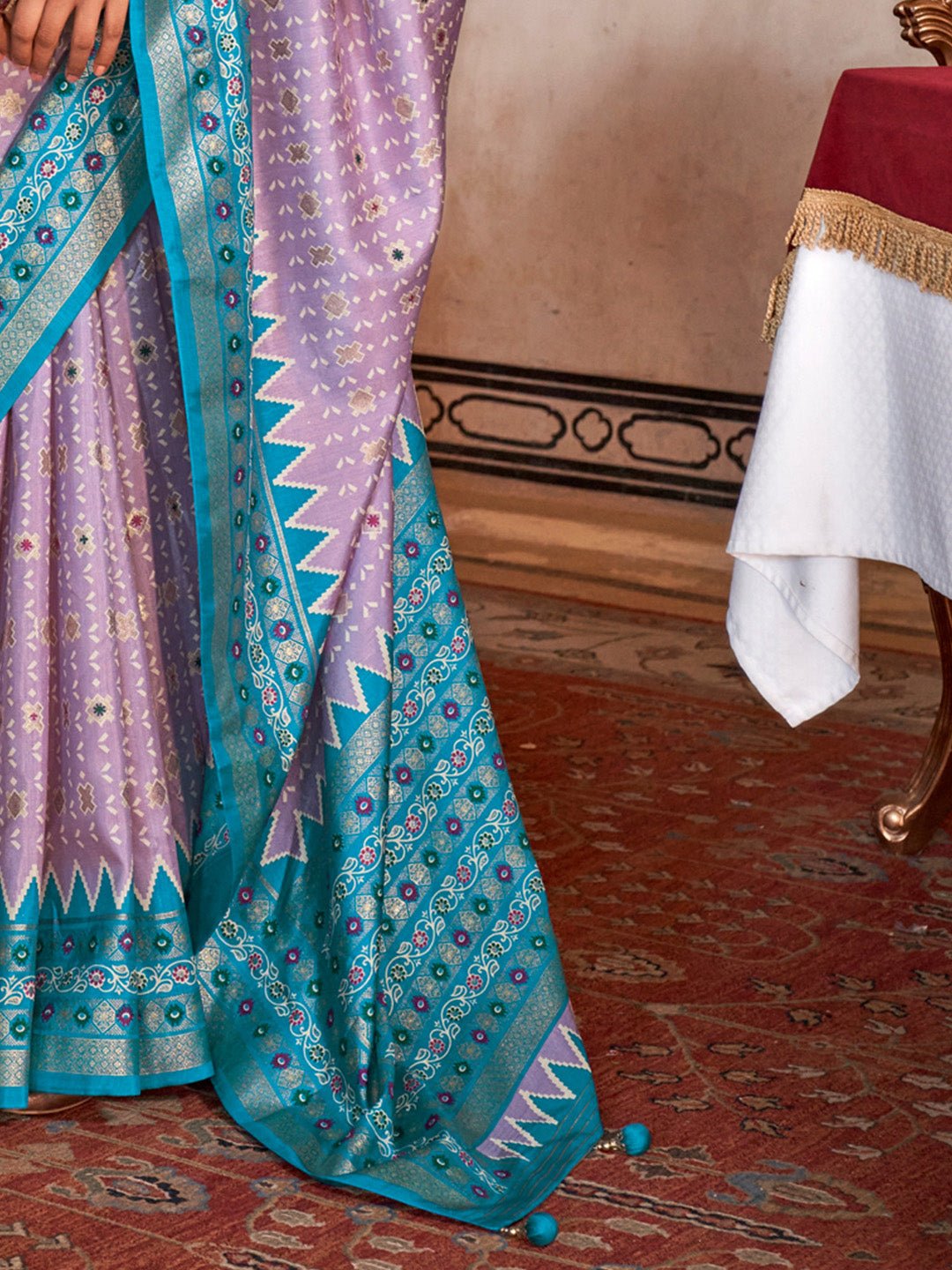 Lavender & Teal Foil Print Blue Saree - Ressa