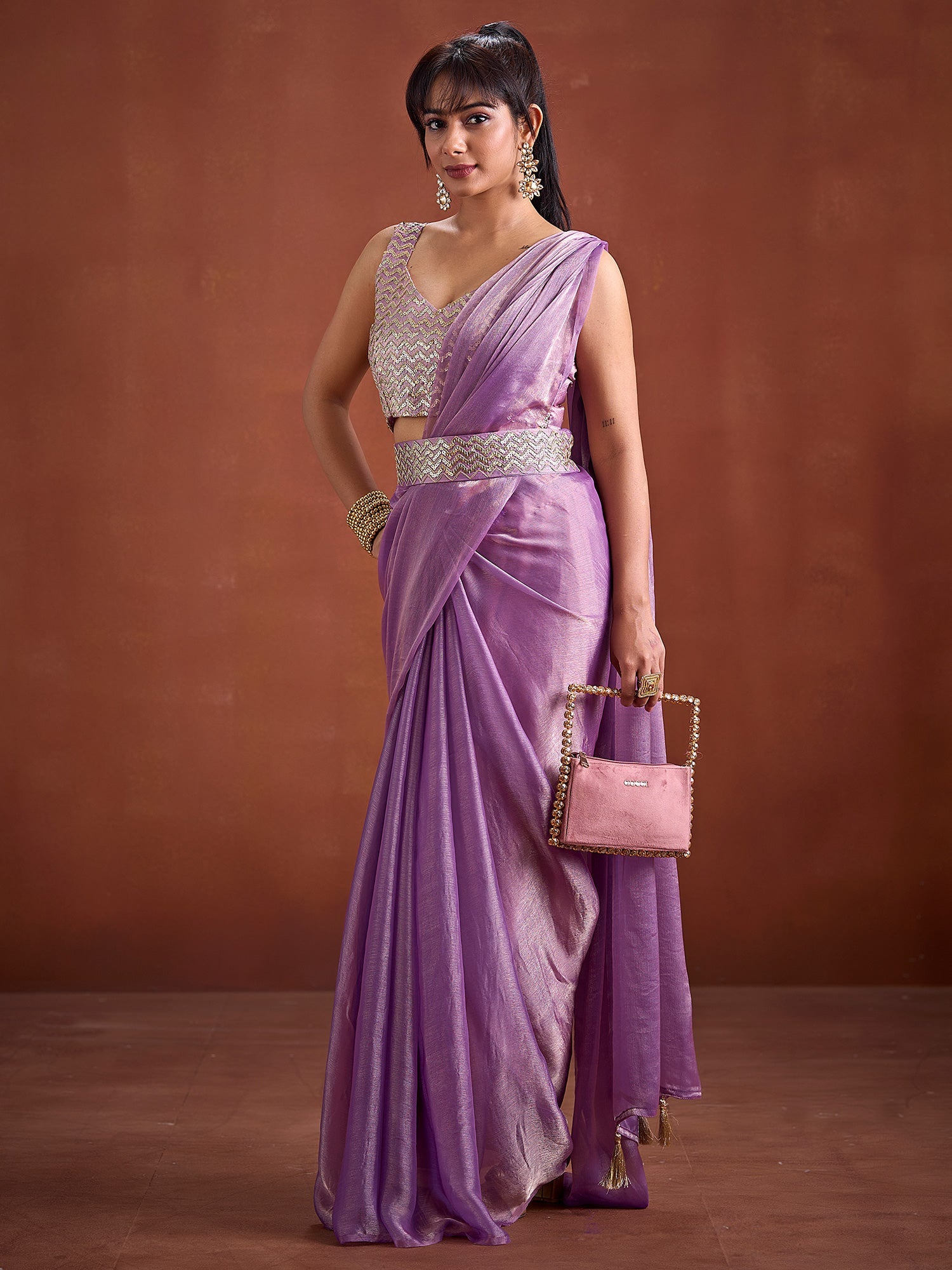 Lavender Tissue Organza Saree with Sequin Embroidered Blouse - Ressa