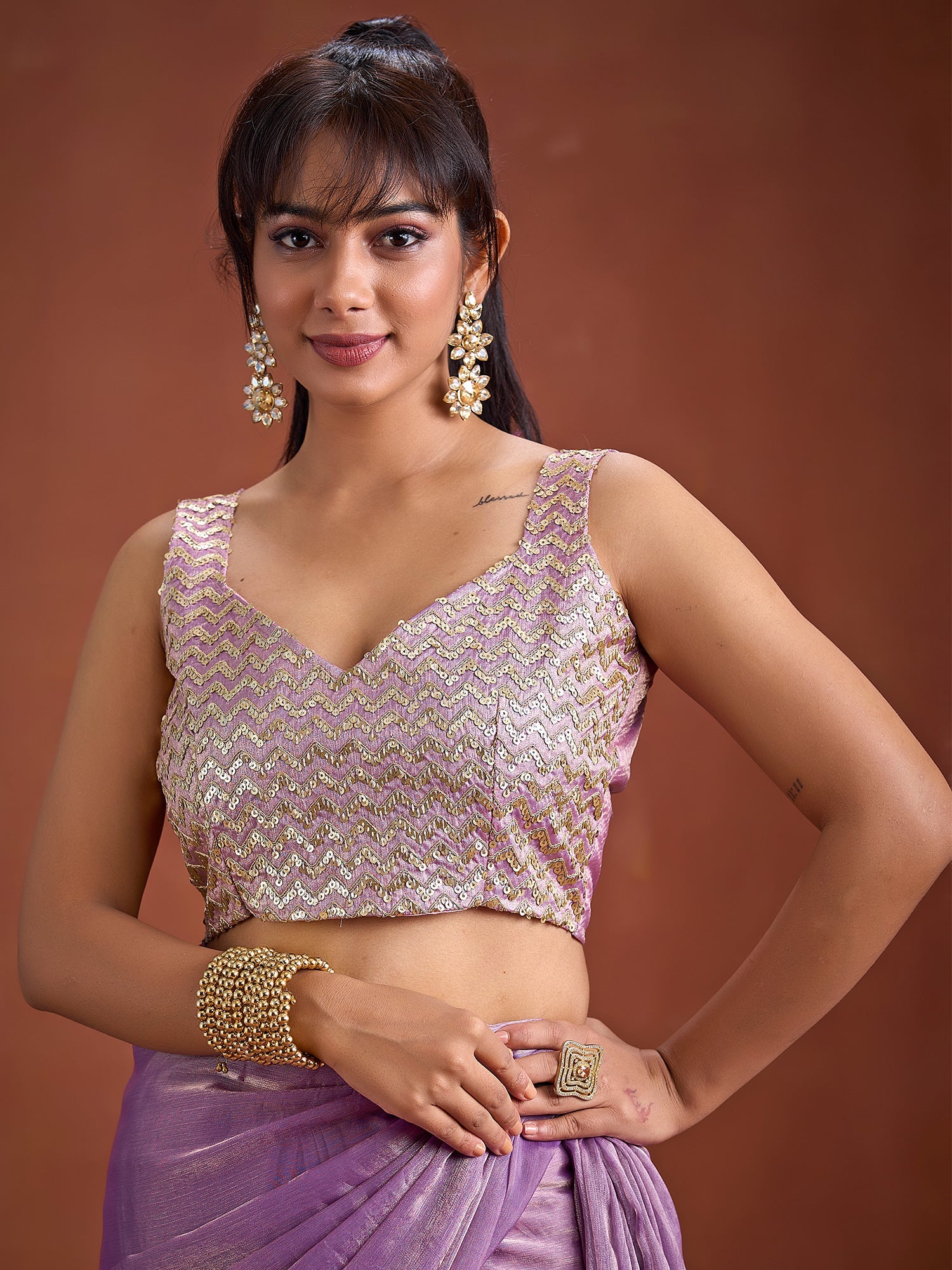 Lavender Tissue Organza Saree with Sequin Embroidered Blouse - Ressa