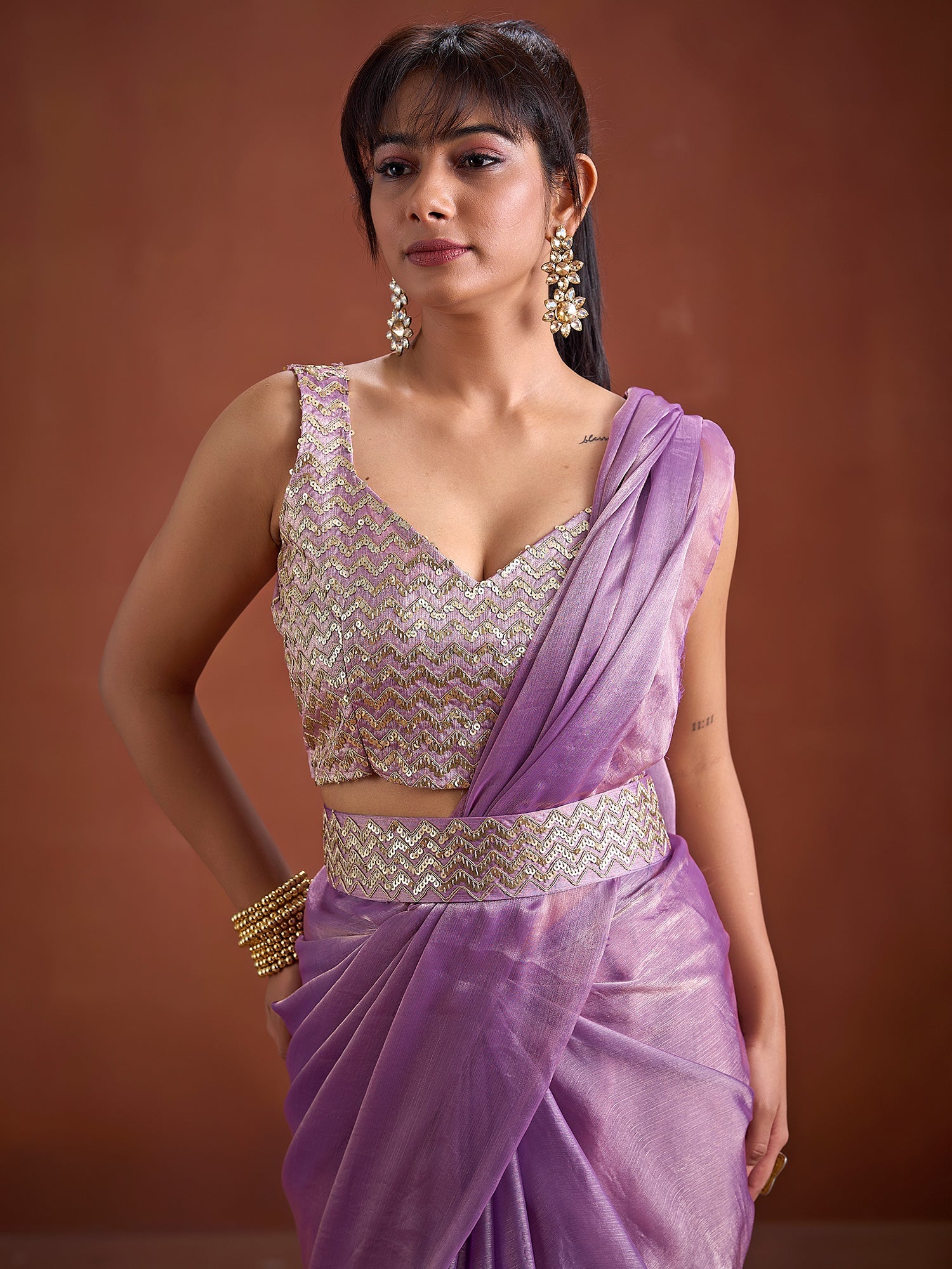 Lavender Tissue Organza Saree with Sequin Embroidered Blouse - Ressa