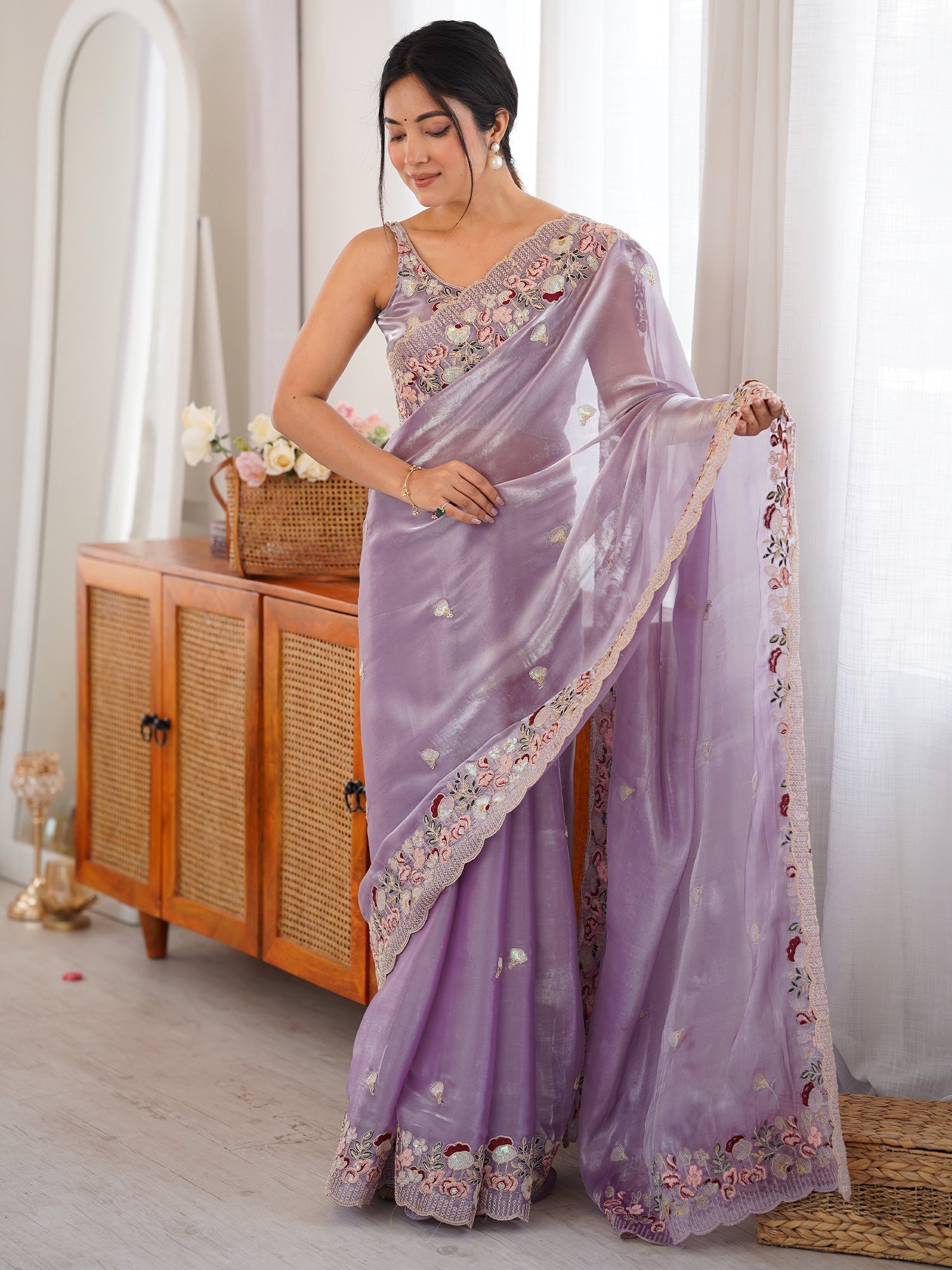 Lavender Tissue Saree with Floral Border - Ressa