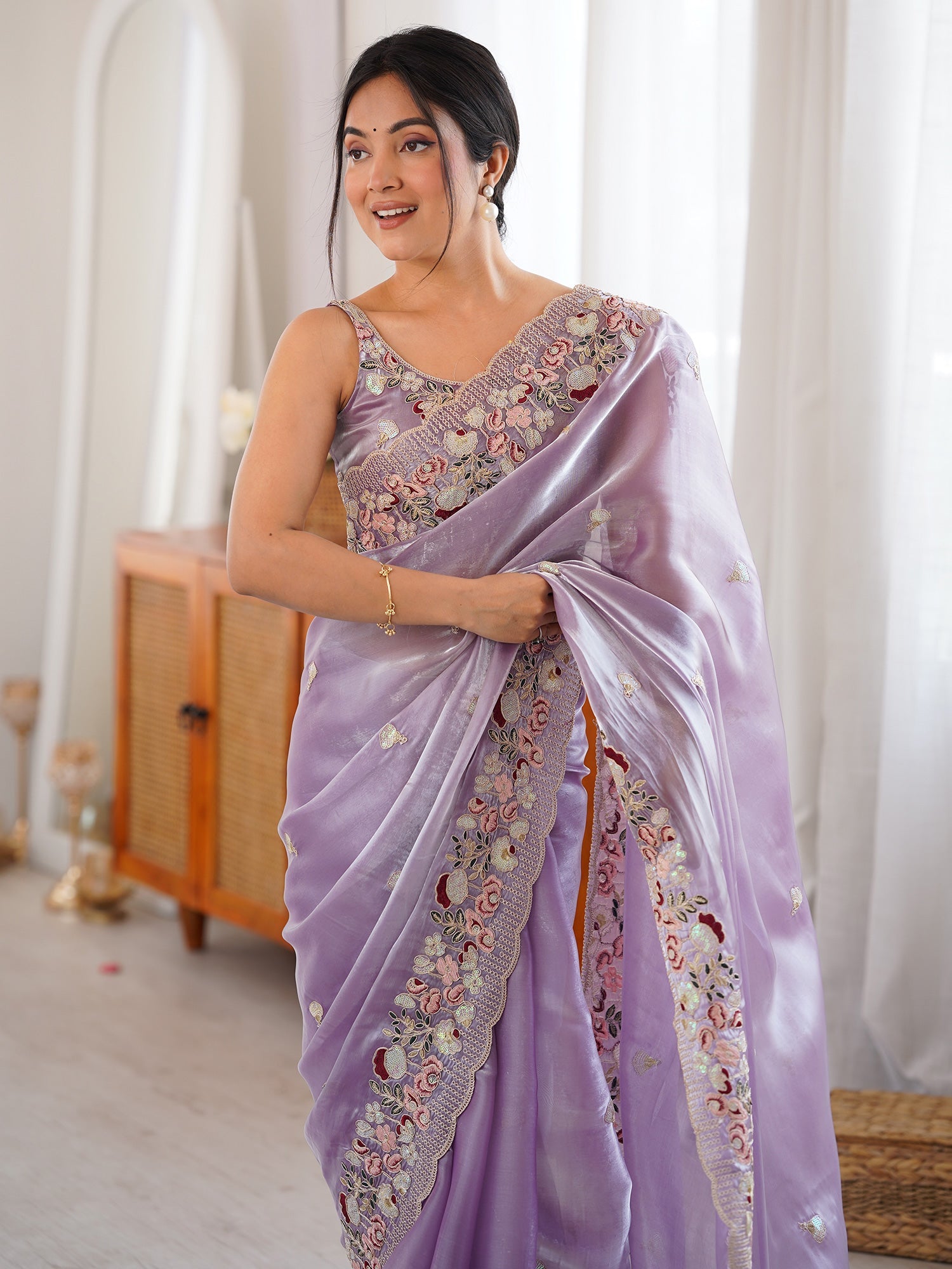 Lavender Tissue Saree with Floral Border - Ressa