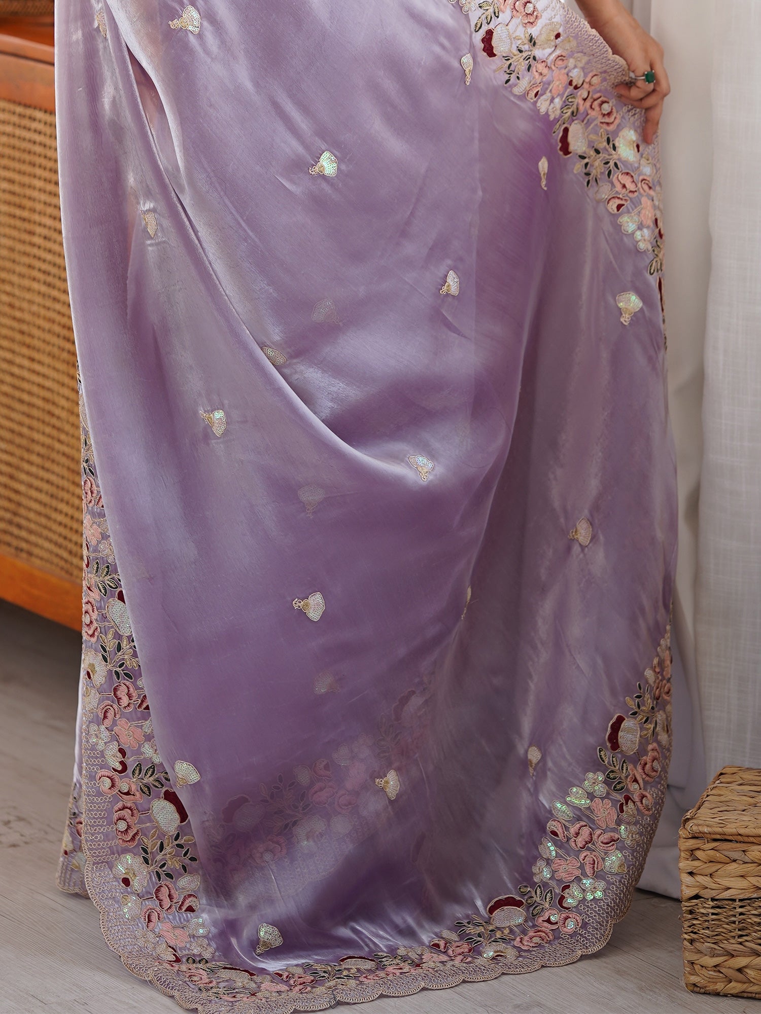 Lavender Tissue Saree with Floral Border - Ressa