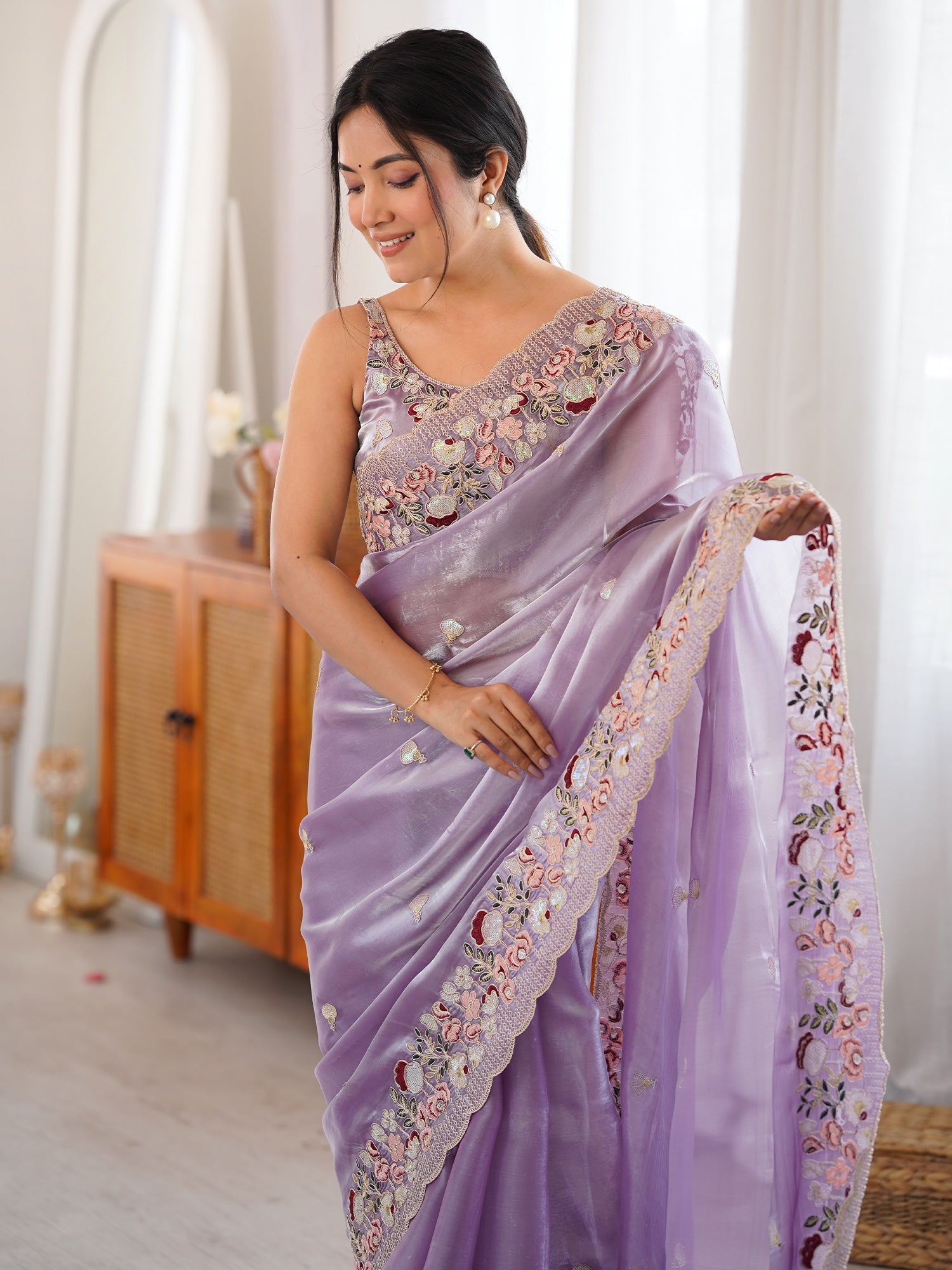 Lavender Tissue Saree with Floral Border - Ressa